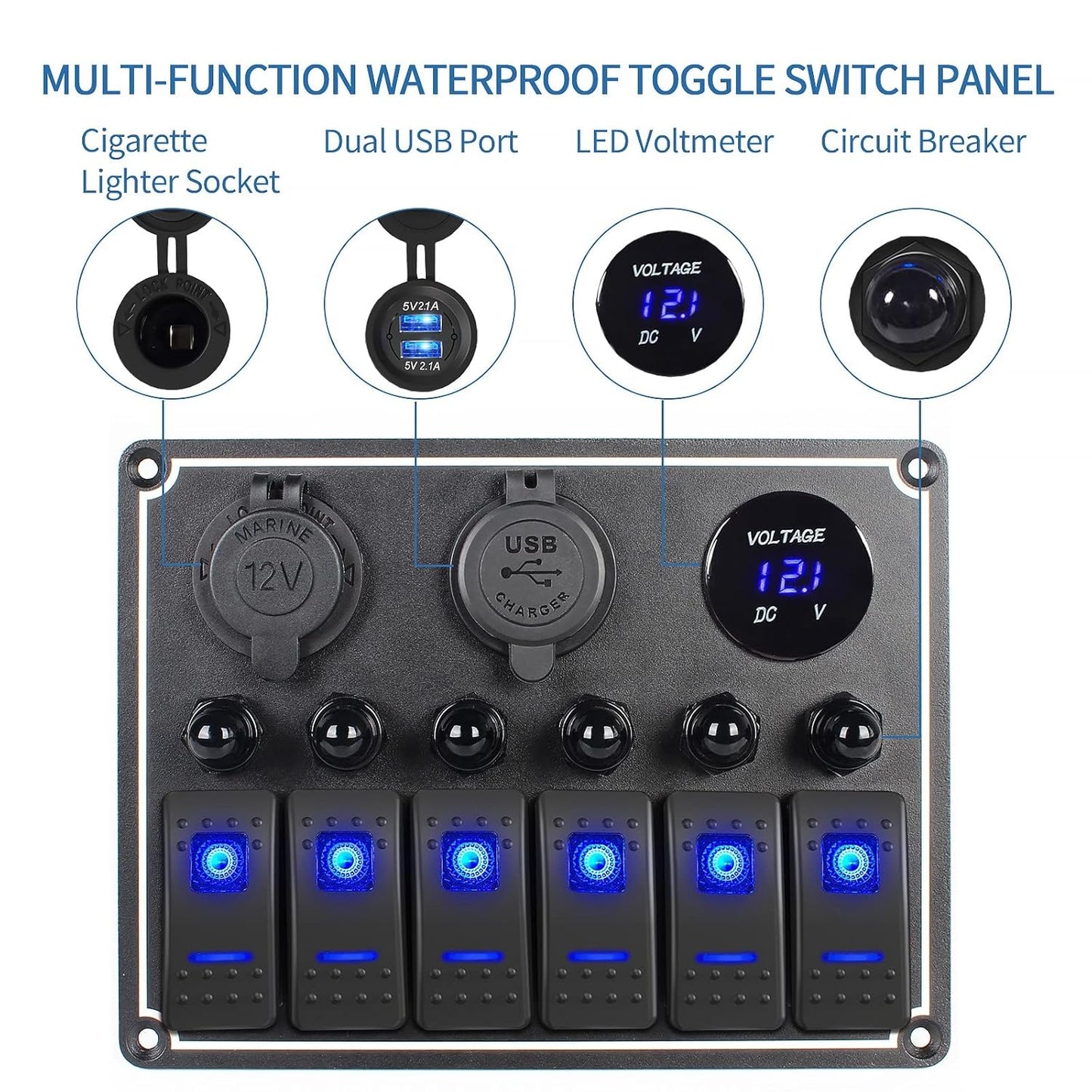 Marine Boat Rocker Switch Panel,Waterproof 6 Gang Multi-Function Toggle Light Switch Panel with Dual USB and Voltmeter Panel for RVs, Cars, Boats, Trucks,Trailers - 12-24V Blue
