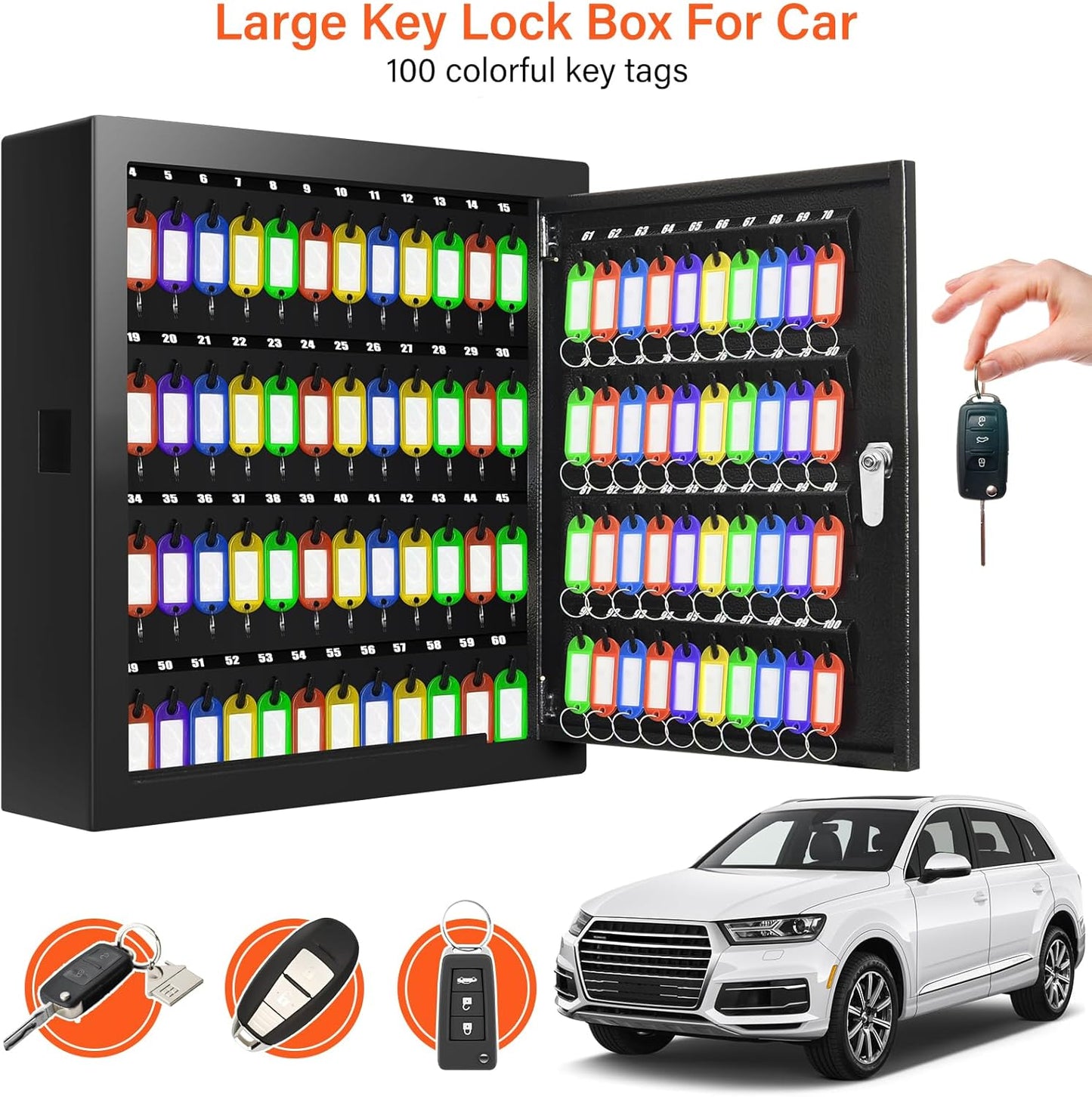100 Keys Key Cabinet, Anti-Theft Key Lock Box with Key Tags, Adjustable Key Organizer Wall Safe for Car Office House Garage Rental Business