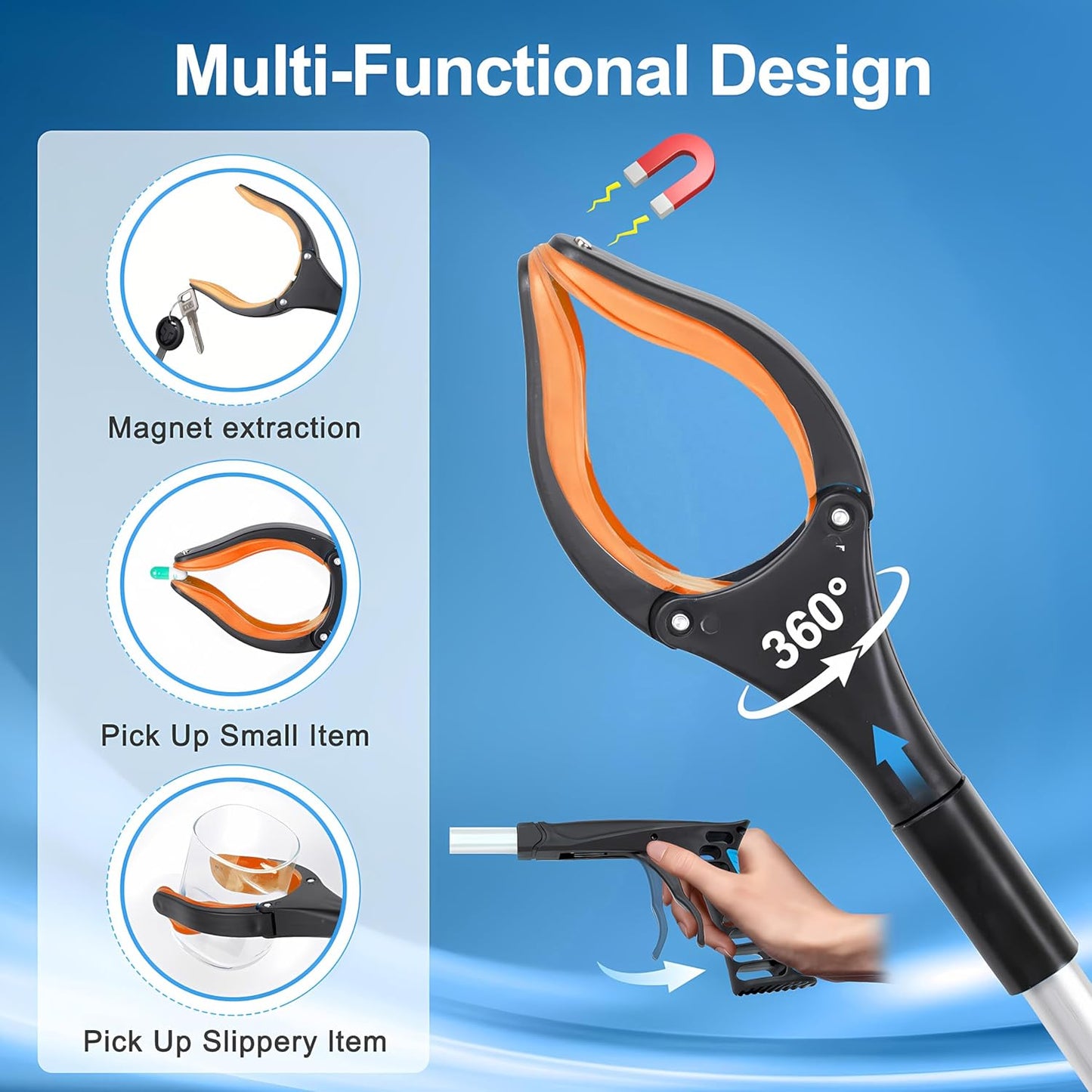 Grabber Reacher Tool - 32” Extra Long Foldable Gripper and Reaching Tool - Heavy Duty Pick Up Stick Grabbers for Seniors, Trash, Surgery Recovery Must Haves Gifts (Orange)