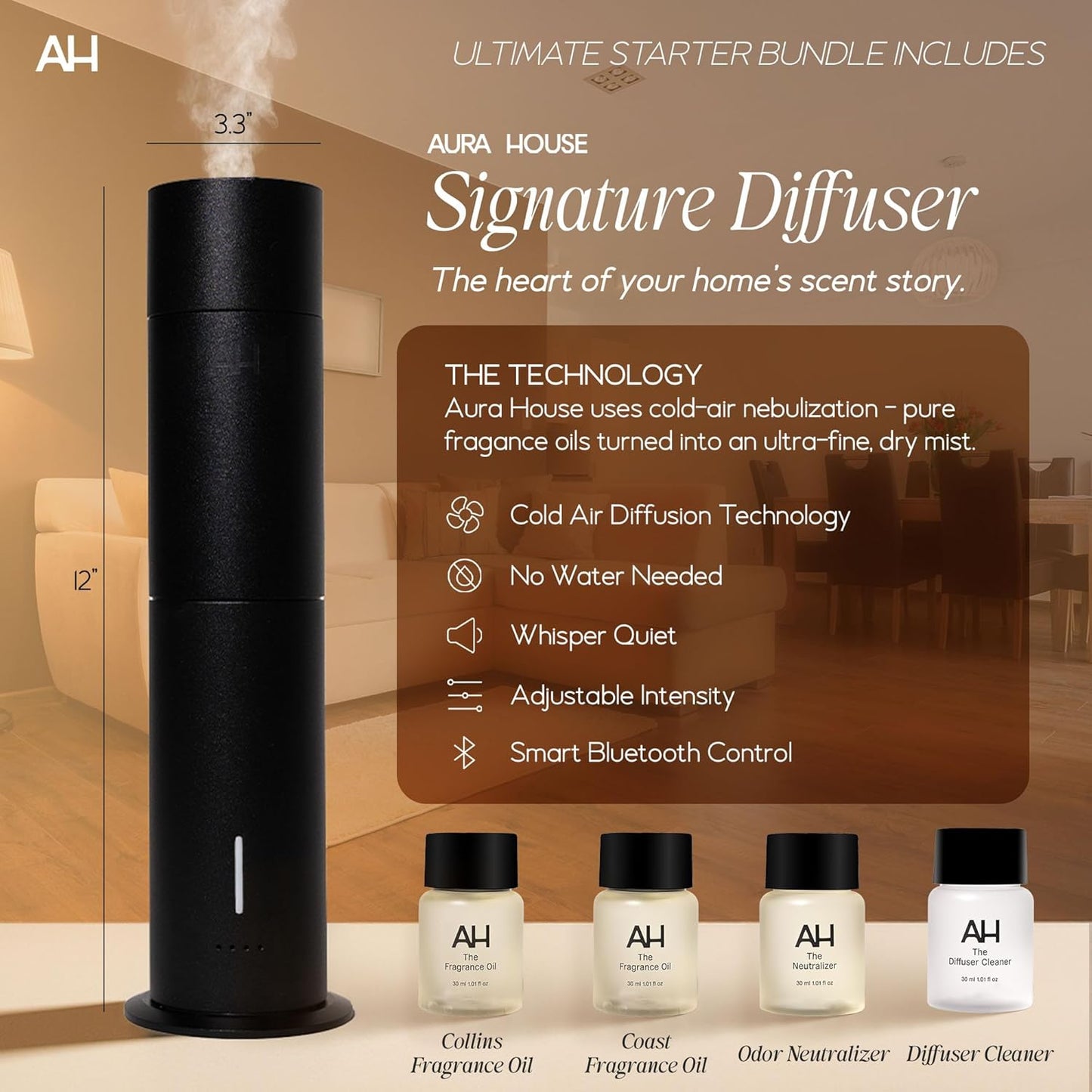 Aura House Ultimate Diffuser Kit – Smart Bluetooth Cold-Air Diffuser with Fragrance Oils, Cleaner & Neutralizer – Complete, Effortless Home Scent System
