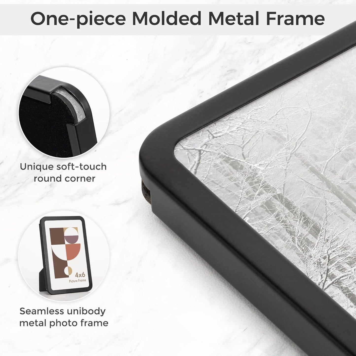 Axeman 4x6 Picture Frame-Metal Rounded Corner Frame 4x6, 4''x6''Photo Frame with Tempered Glass,Tabletop and Wall Display, One-Piece 4 By 6 Metal Picture Frame for images, Black