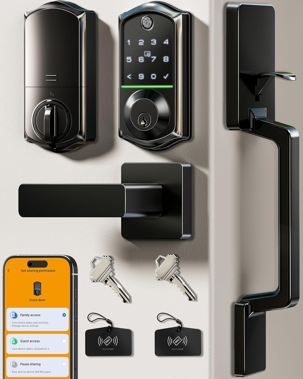 Veise VE017-D Fingerprint Smart Front Door Lock Set, App Control, 8-in-1 Keyless Entry Deadbolt with Lever Handle, Emergency Power Port, Auto Lock, Touchscreen Keypad, Easy Install, Matte Black