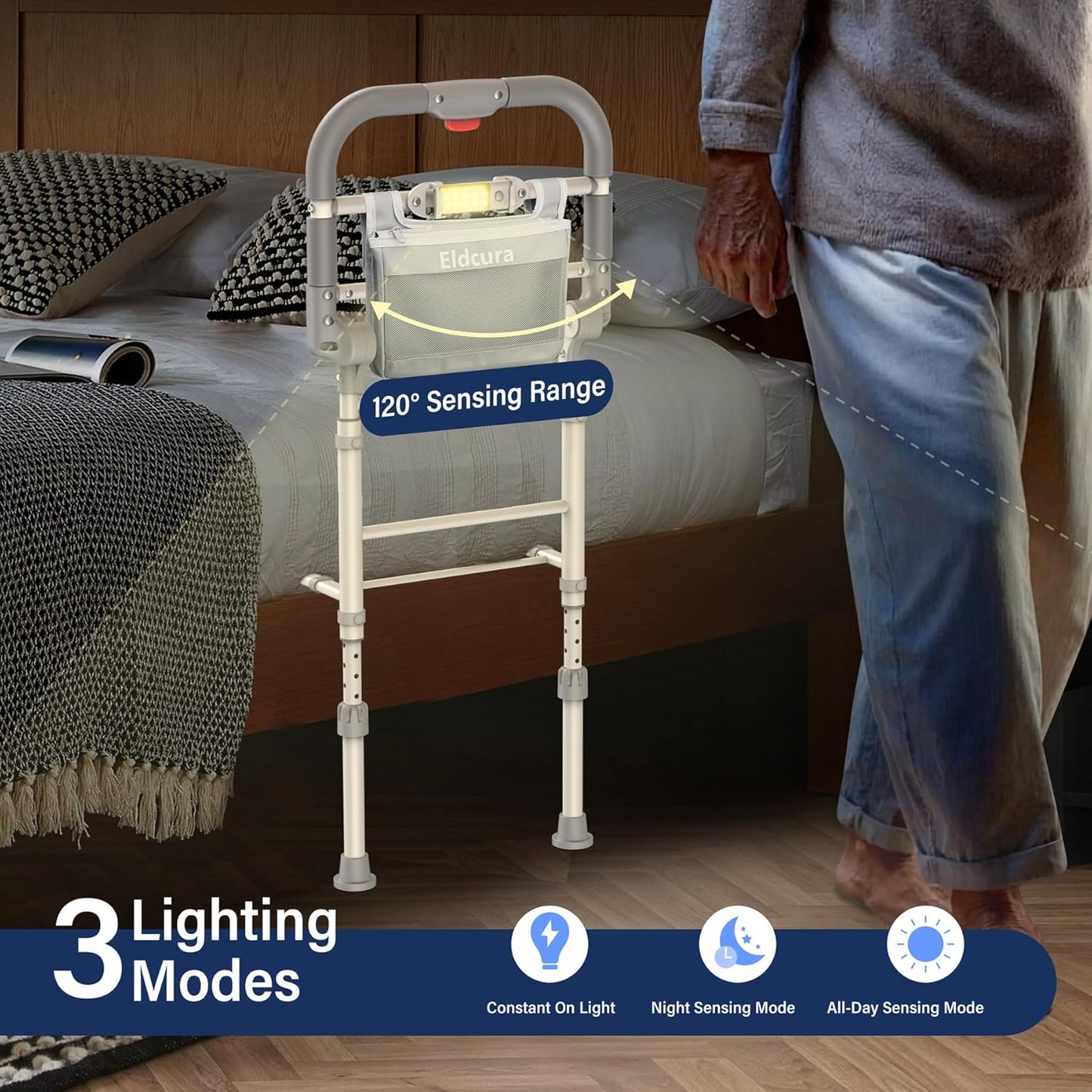 Foldable Bed Rails for Elderly Adults Safety - Heavy Duty Bed Rail for Seniors with Adjustable Height,Bed Side Rails with Motion Sensor Light and Storage Pocket,Fits King Queen Full Twin Beds,400LBS
