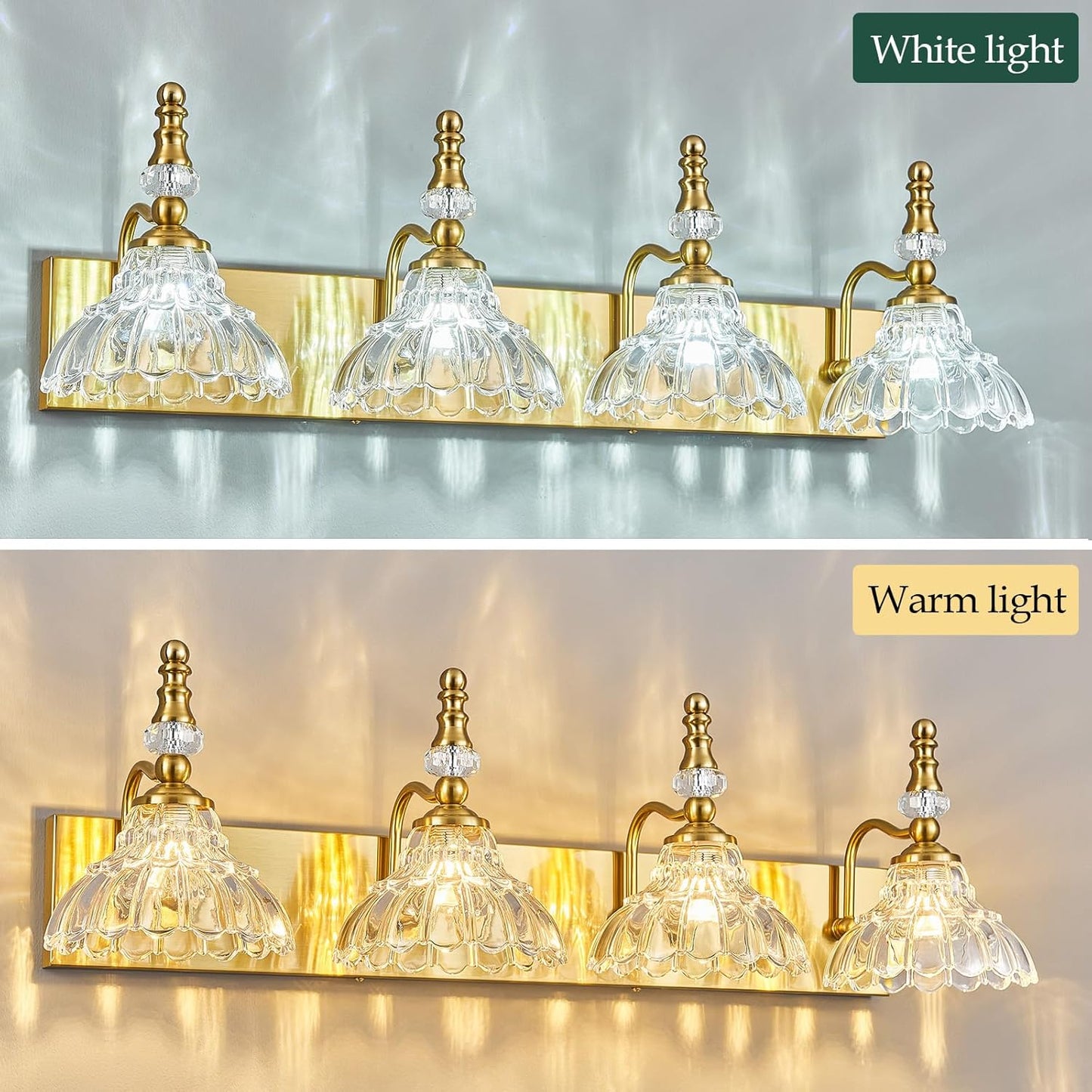 Vintage Bathroom Vanity Light, 4-Light Gold Vanity Lighting Fixture with Flower Glass Shade, Bathroom Lighting Fixtures Over Mirror