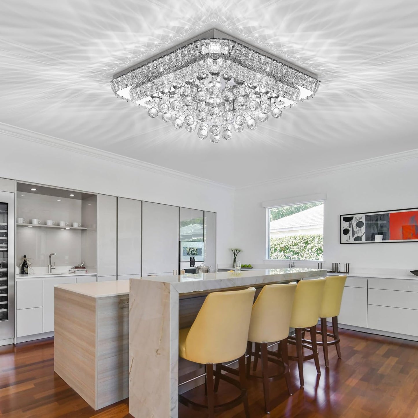 COCOSTAR 24 inch Crystal Flush Mount Chandelier Remote/APP, Modern Raindrop LED Ceiling Light, 3CCT Dimmable & Brightness Adjustable,Elegant Chandeliers for Bedroom Hallway Dinning Room Living Room