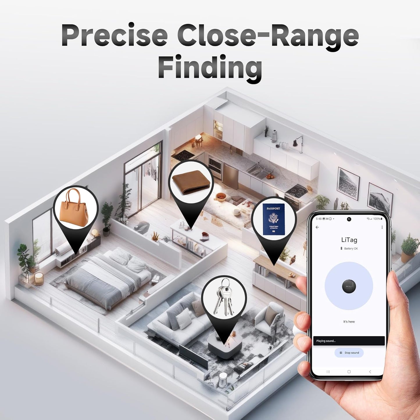 LiTag - Bluetooth Tracking Tag for Android. Smart Tracker for Google Find My Device (Find Hub) App. Item Finder Locator for Keys, Luggage, Suitcase, Backpack, Purse (4 Pack)