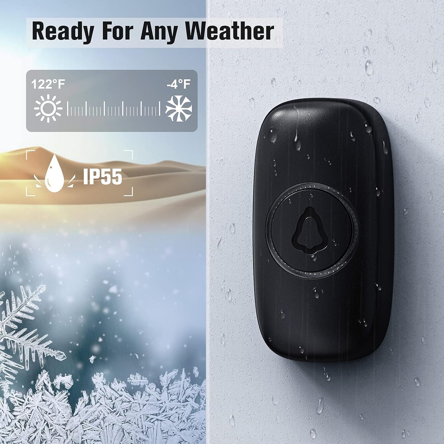SECRUI Doorbell, Wireless Doorbell with 2 Receivers Easy installation, Adjustable Volume, 58 Chimes, Colorful LED, 1000Ft Range, M520+F55, Black