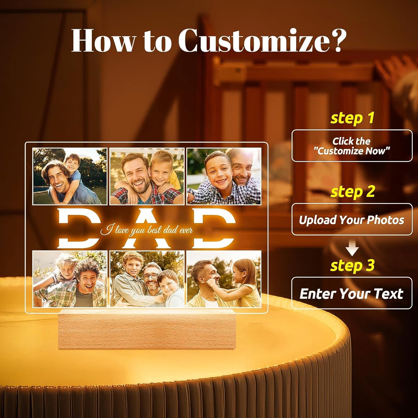 Personalized Birthday Gifts for Dad from Daughter Son, Custom Picture Frames with Photos, Customized Photo Frame with Night Light, Personalized Gifts for Dad Baby Kid Family