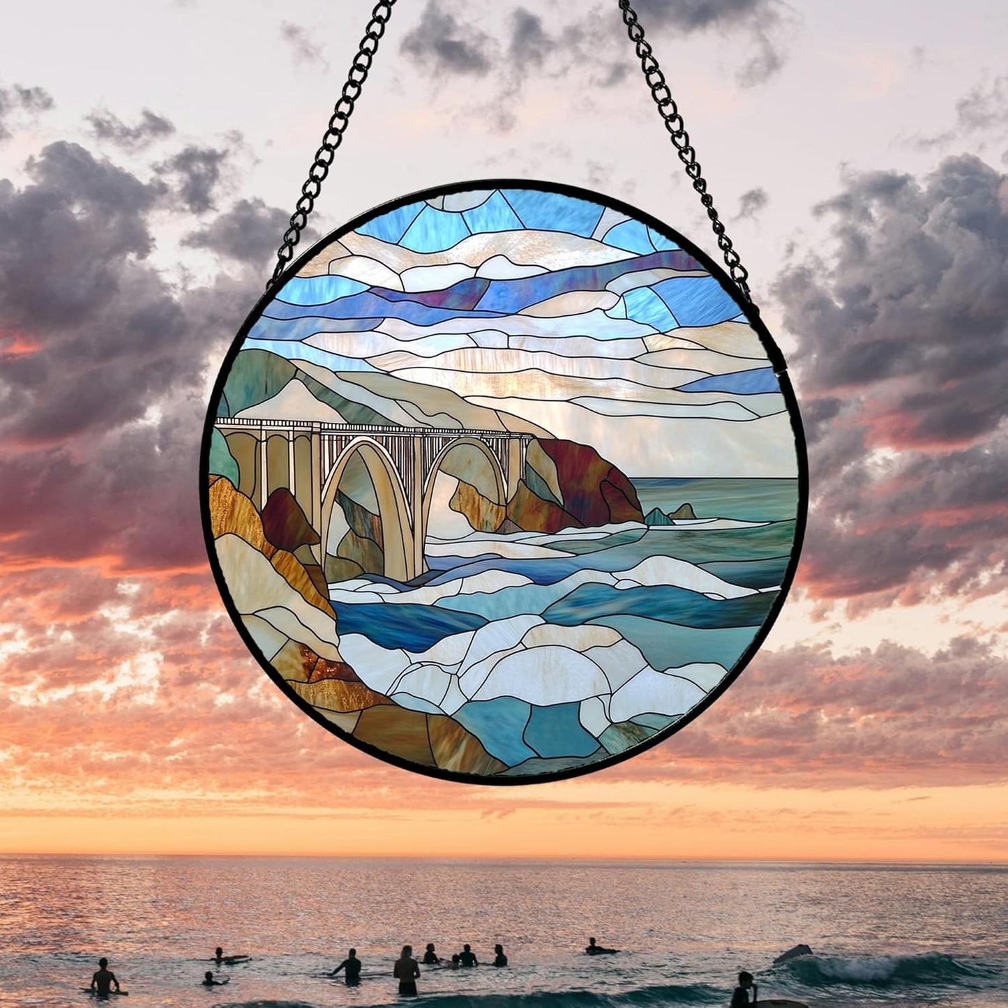 Stained Glass Window Hanging 4 Pcs Set Ocean Waves 9.8" - Blue and White Sea Suncatcher Door Garden Sun Catcher Decor Birthday Christmas for Mom Woman Nana Men