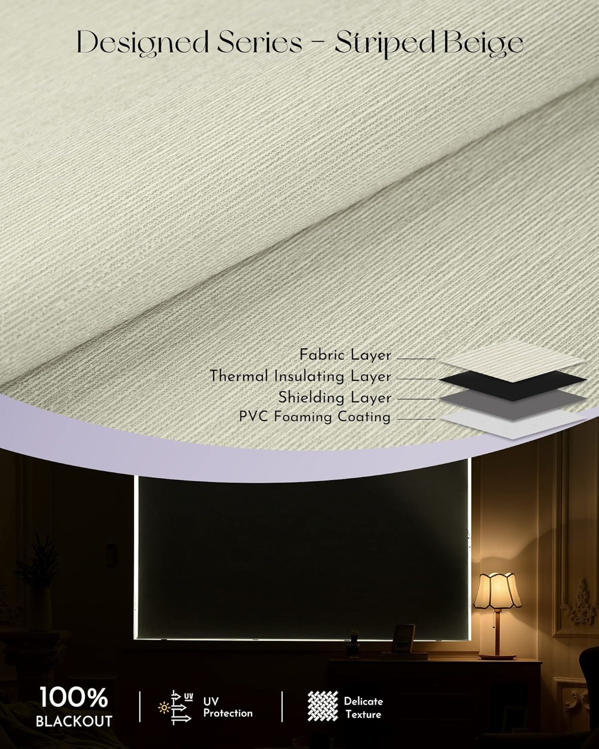 Graywind Smart Blackout Roller Shades Compatible with Alexa Google Textured Gleaming Fabric Rechargeable Motorized Blinds Cordless Remote Control Window Shades, Custom Size (Striped Beige)
