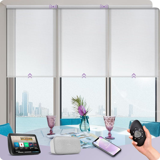 Graywind Motorized Solar Shades Compatible with Alexa Google Remote Electric Window Shade Fireproof Smart Roller Blinds with Valance for Home Office Patio, Custom Size (5% Openness White)