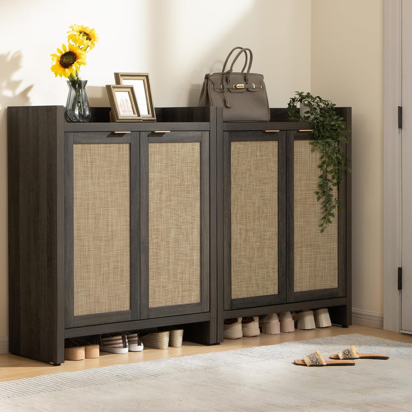 SICOTAS Shoe Storage Cabinet Set of 3, Large Capacity Rattan Shoe Cabinet for Entryway, 6-Tier 41" Tall Shoe Cabinet, Farmhouse Wooden Storage Cabinet for Living Room Hallway, Black Oak