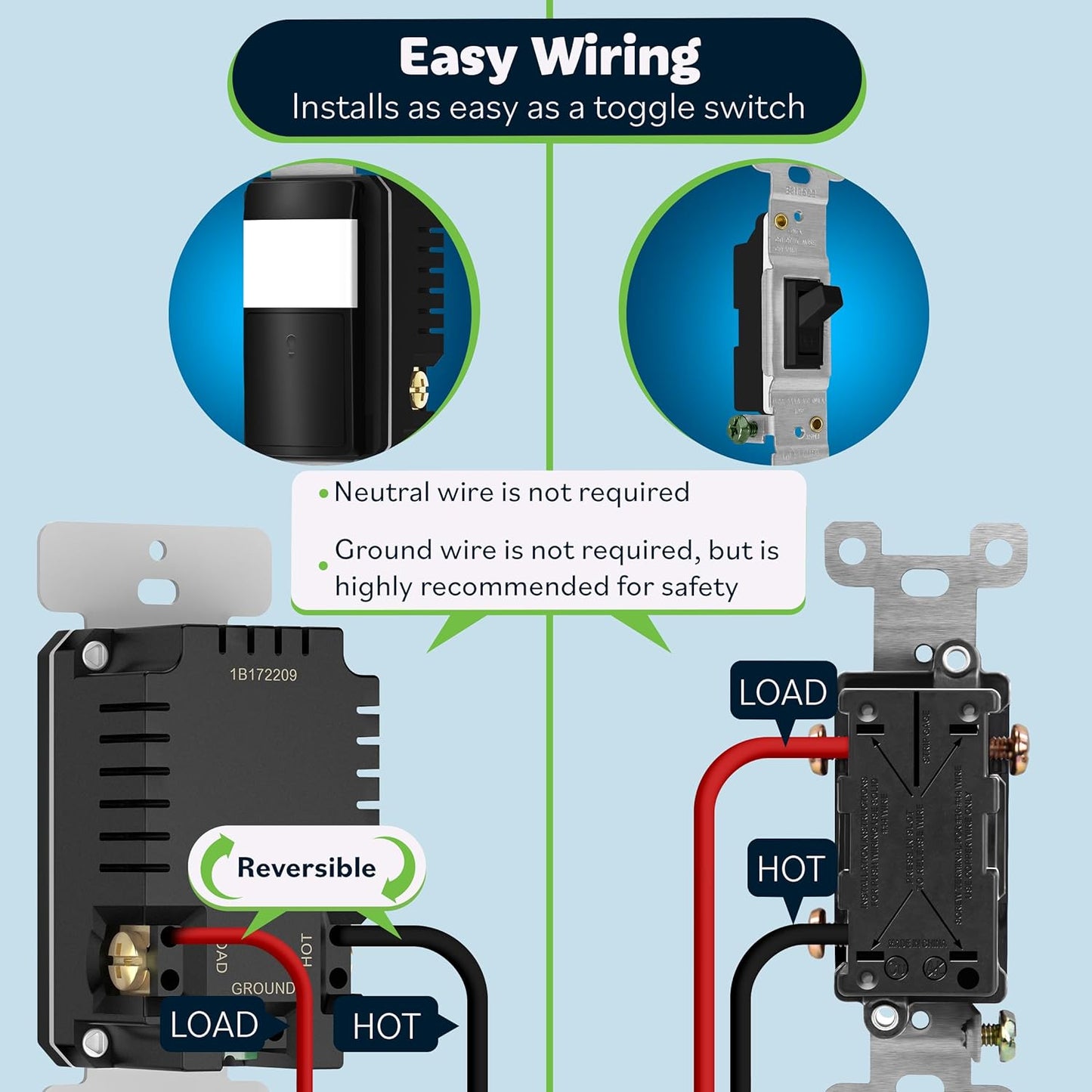 TOPGREENER PIR Motion Sensor Light Switch, Occupancy & Vacancy Motion Sensor Switch, 𝐎𝐩𝐞𝐫𝐚𝐛𝐥𝐞 𝐖𝐢𝐭𝐡𝐨𝐮𝐭 𝐆𝐫𝐨𝐮𝐧𝐝 𝐖𝐢𝐫𝐞, No Neutral Wire, Single Pole, TDOS5-HL-BK, Black