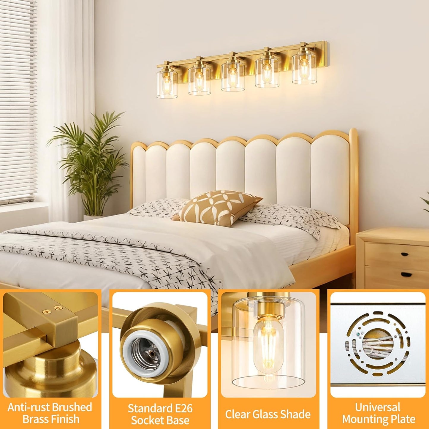 5 Light Modern Bathroom Light Fixtures Over Mirror, Brass Finish Vanity Lights for Bathroom Wall Sconces with Clear Glass Shades, E26 Socket (Bulbs Not Included)