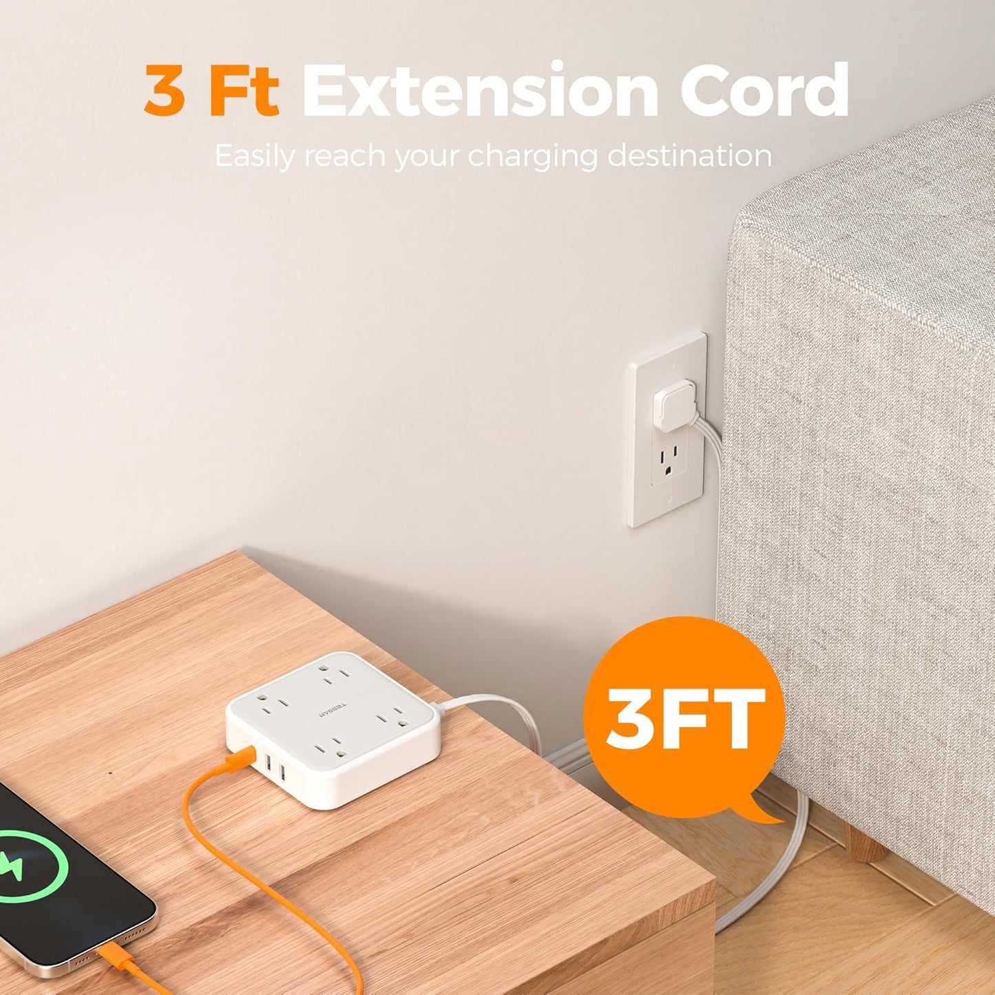 TESSAN Surge Protector Power Strip, 3 Ft Ring Pull Extension Cord with Multiple Outlets, 3 USB (1 USB C) 4 Outlets, 900J Surge Protection, Desktop Charging Station for Home, Office, Dorm Room