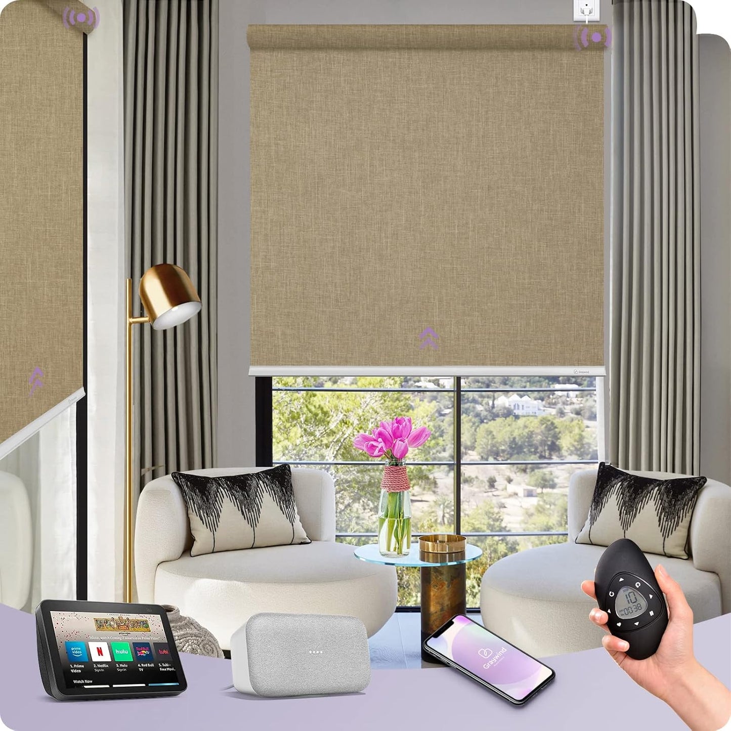 Graywind Motorized Shades 100% Blackout Compatible with Alexa Google Smart Home Control Build-in Hardwired Window Shades Thermal Insulated Window Blinds, Customized Size (Coffee)