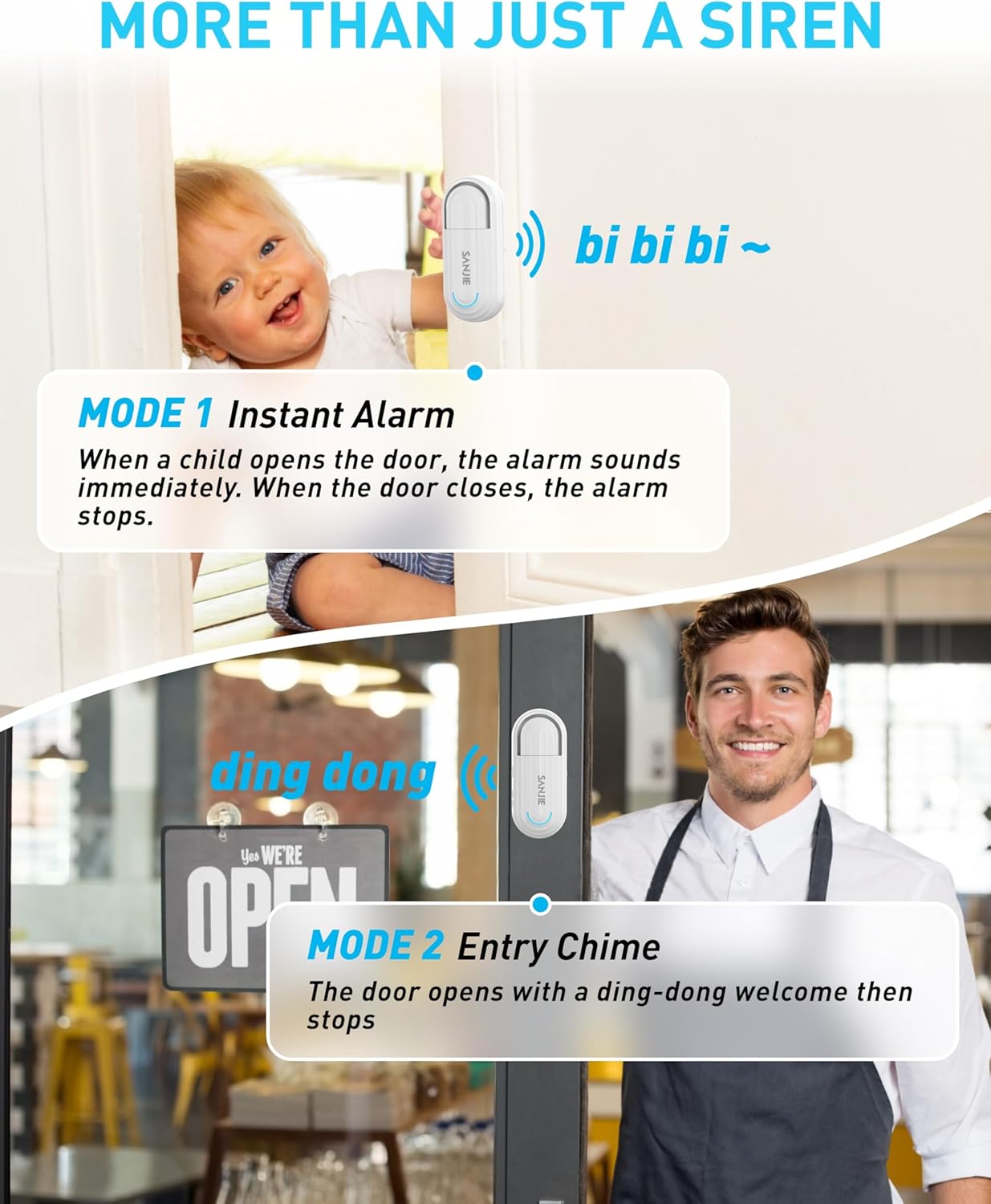 Sanjie Door Alarms for Kids Safety/Home Security/Dementia,Pool Door Alarm Wireless,4 Working Modes,0-120dB Volume Adjustable,Window Door Alarms When Opened,1 Sensor 1 Remote Control