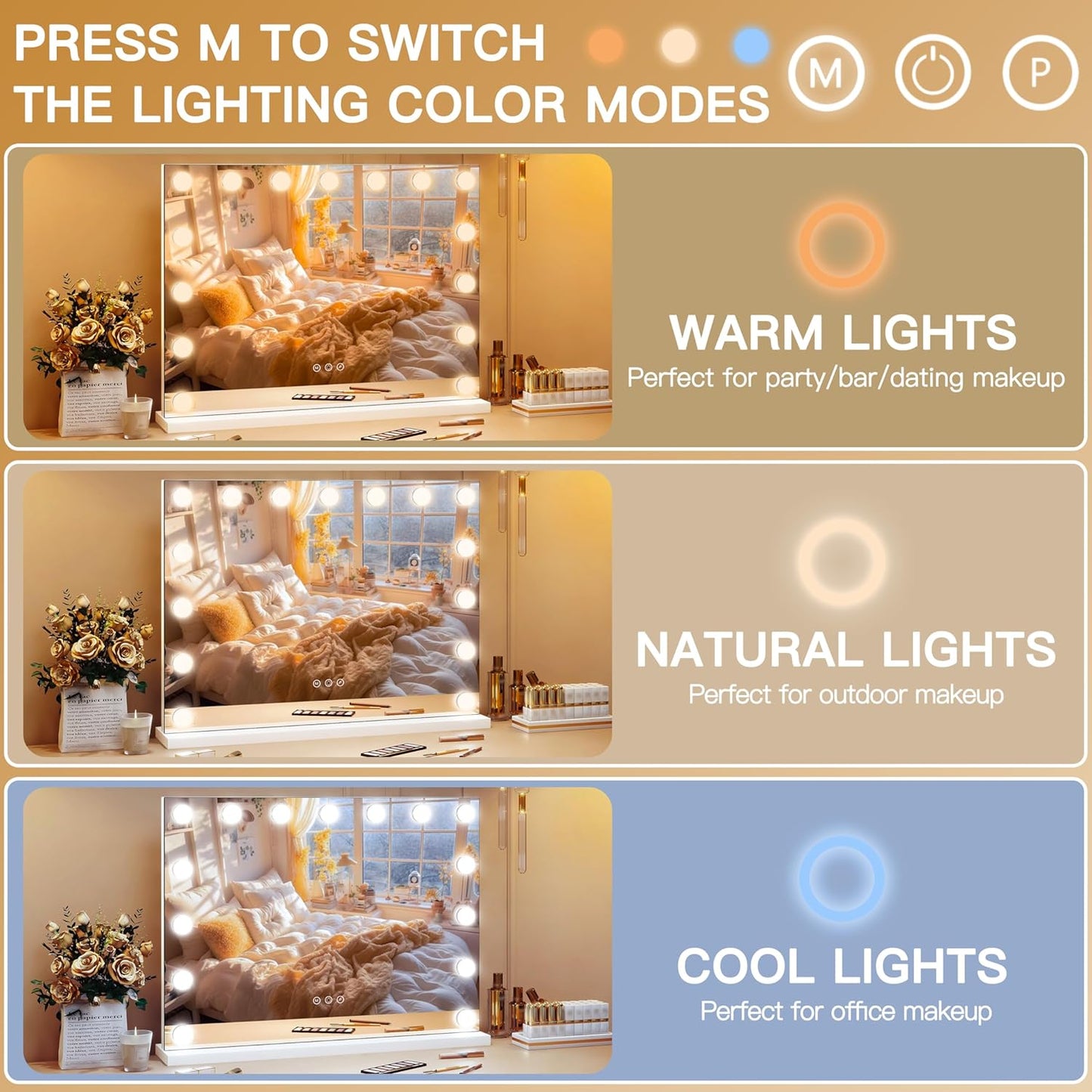 ROLOVE 23"x18" Hollywood Vanity Mirror with Lights, 15 Dimmable LED Bulbs, led Makeup Mirror with 3 Color Modes, Lighted Vanity Mirror for Tabletop or Wall-Mounted