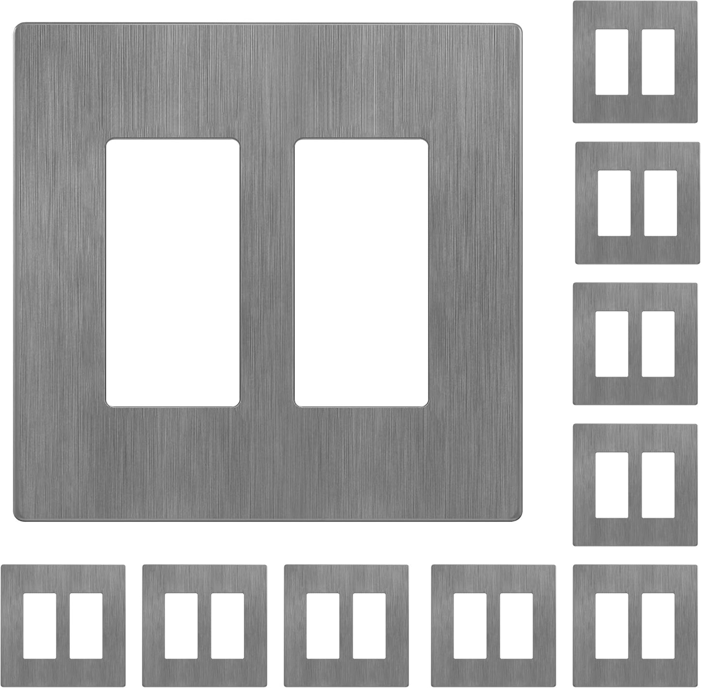 LIDER Matte Finish Double Decorator Switch Cover, Screwless Wall Plate, Mid-Size 2-Gang 4.88" x 4.92", Unbreakable Polycarbonate Thermoplastic, UL Listed, LSWP-32M-BGY10P, Brushed Gray, 10 pack