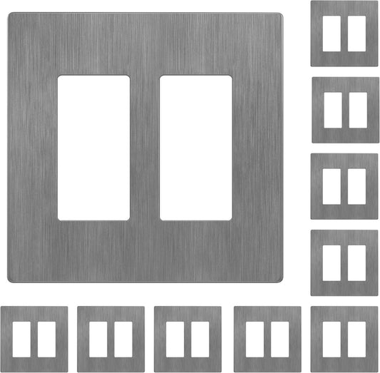 LIDER Matte Finish Double Decorator Switch Cover, Screwless Wall Plate, Mid-Size 2-Gang 4.88" x 4.92", Unbreakable Polycarbonate Thermoplastic, UL Listed, LSWP-32M-BGY10P, Brushed Gray, 10 pack
