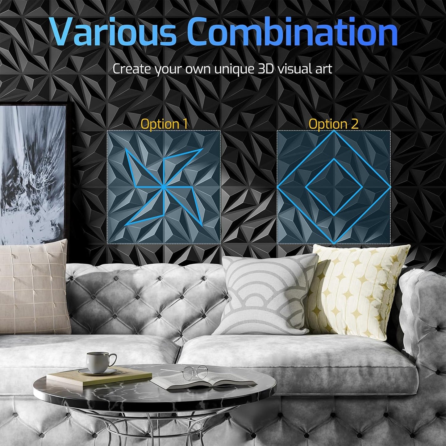 32 Pack 3D Wall Panels for Interior Wall Decor, 11.8'' x 11.8'' Decorative Wall Panels, Accent Wall Panels, 3D Diamond Design Wall Decor for Living Room, Bedroom, Gaming Room, Black