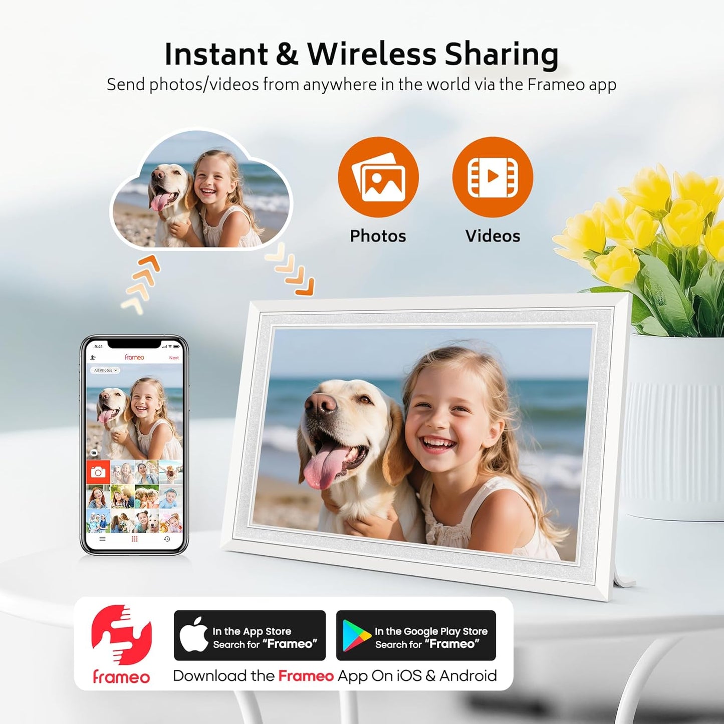 Frameo 10.1" Digital Picture Frame with 32GB Memory White WiFi Electronic Photo Frame 1280 x 800 IPS HD Touch Screen Auto-Rotate Slideshow Wall Mountable Share Photos/Video Remotely Anywhere