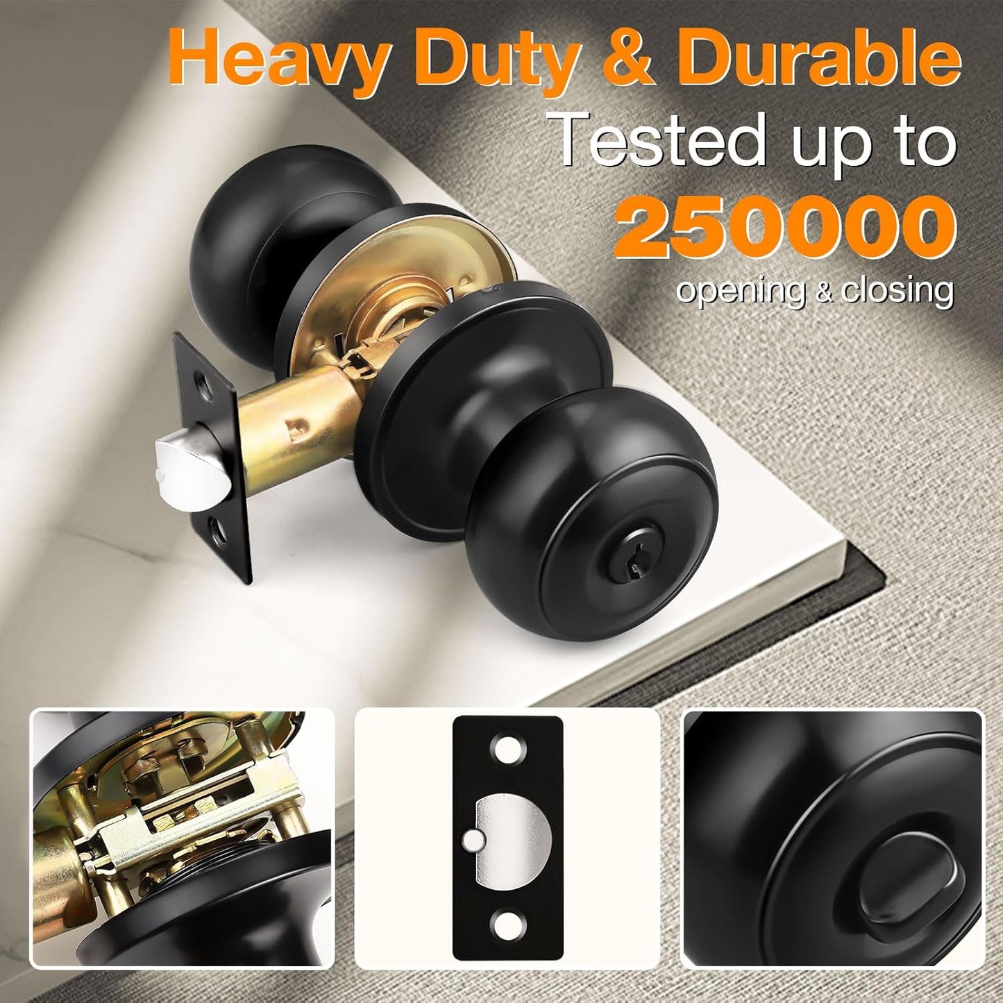 Gobrico Entry Door Locks Keyed-Alike Flat Ball Door Locksets with Same Keys in Black-Pack of 3