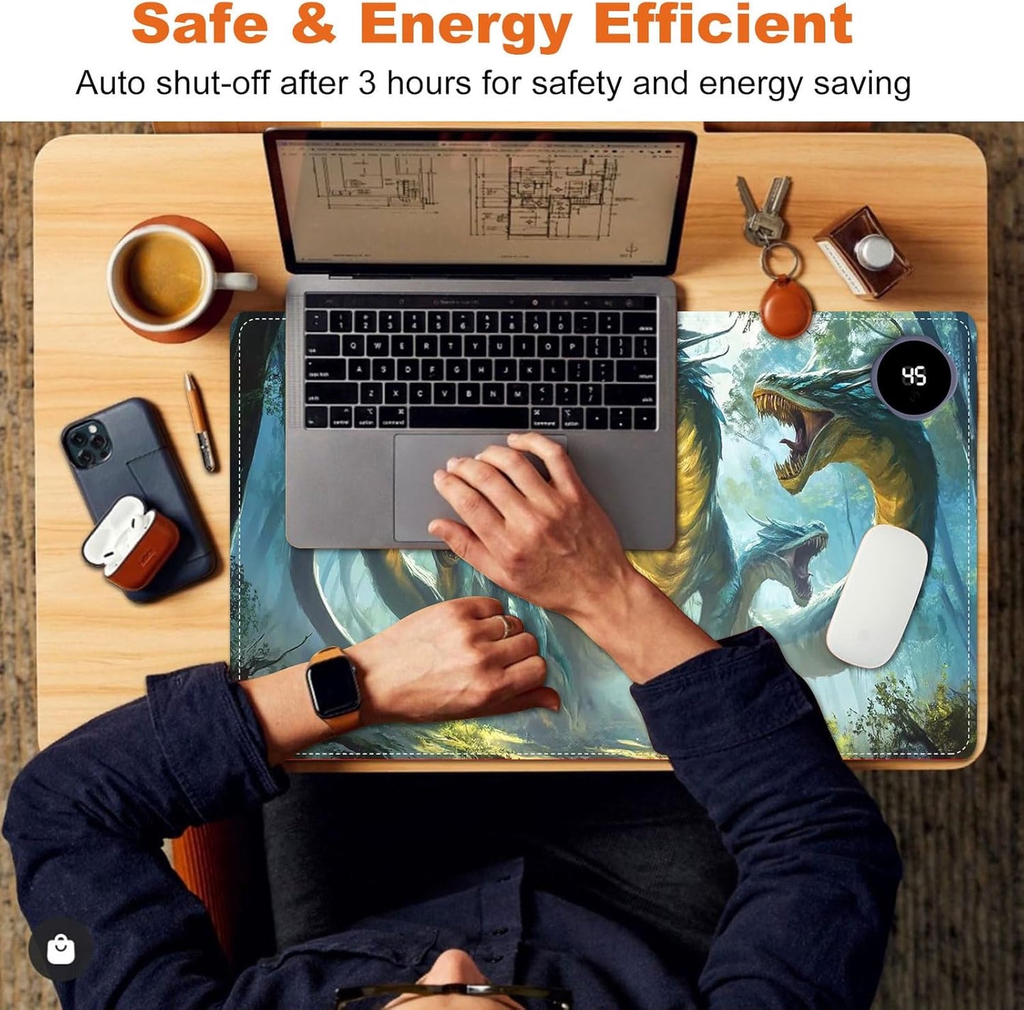 Small Heated Desk Pad 23.6" x 14.2" – Compact Electric Mouse Pad with 3 Heating Levels, Auto Shut-Off, Waterproof PU Surface, Plug-in Warmer for Office or Home Use, Serpent Beast