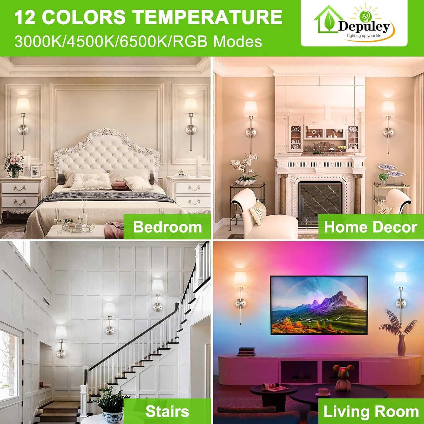 Depuley Battery Operated Wall Sconce: Set of 2 Wireless Wall Lights with Remote for Bedroom - Rechargeable 15 Colors Brushed Nickel Wall Lamp for Living Room Hallway Decor