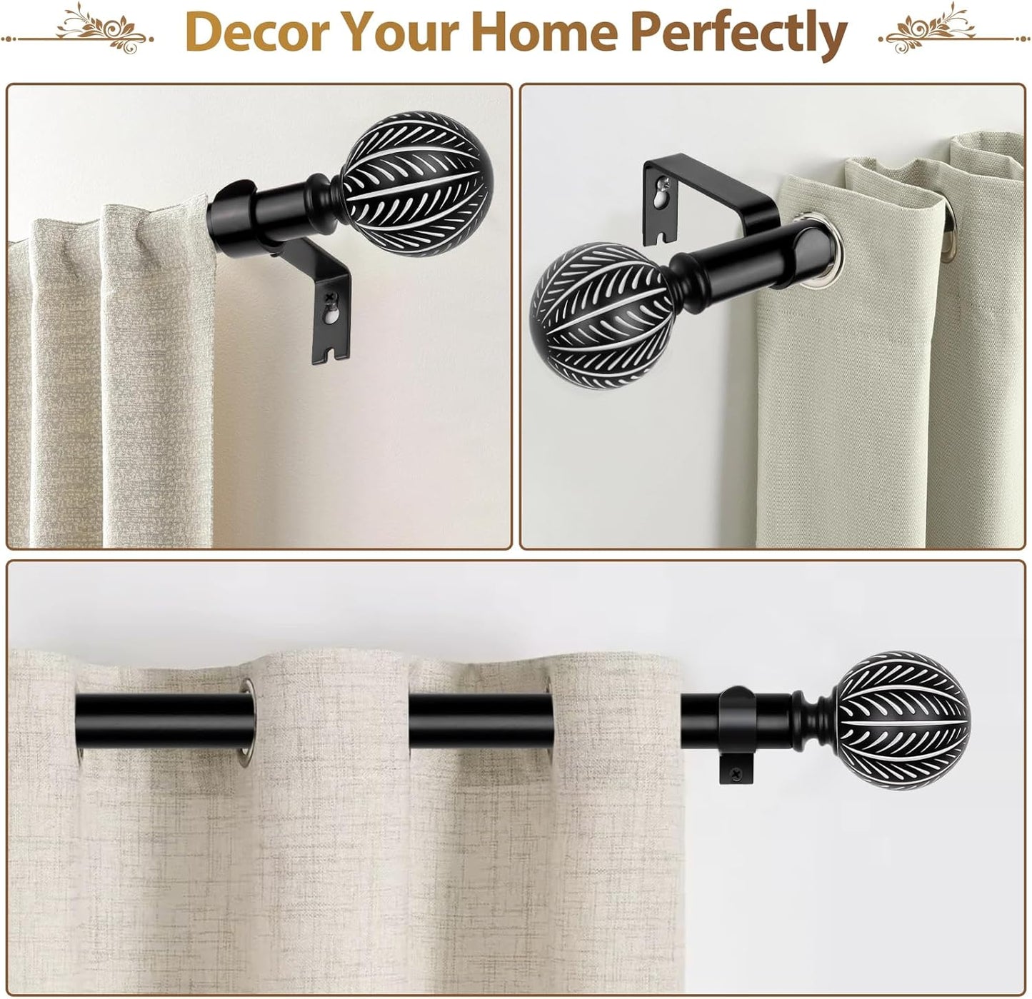KAMANINA Wood Curtain Rods for Windows 66 to 120 Inch(5.5-10ft), 1 Inch Adjustable Drapery Rod, Decorative Heavy Duty Curtain Rods with Leaf Pattern Finials, Black
