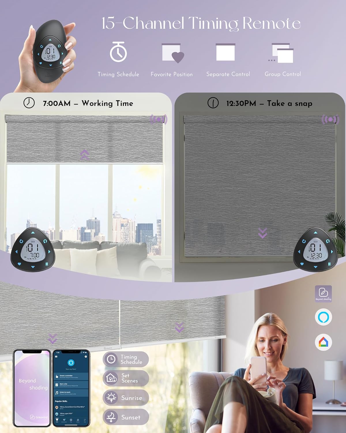 Graywind Motorized Light Filtering Shades Compatible with Alexa Google Rechargeable Remote Control Smart Blinds Automatic Window Shade with Valance for Home Office, Custom Size (Mixwave Grey)
