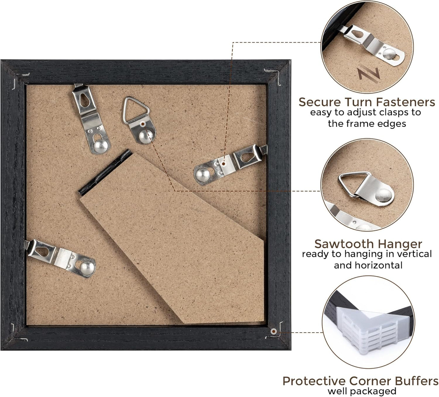 4x4 Picture Frame, Solid White Oak Wood Frame 4 by 4, 4 x 4 Square Photo Frame with Tempered Real Glass, Rustic Wooden Frame 4"x4" for Wall & Tabletop Display, Black Color, Set of 2