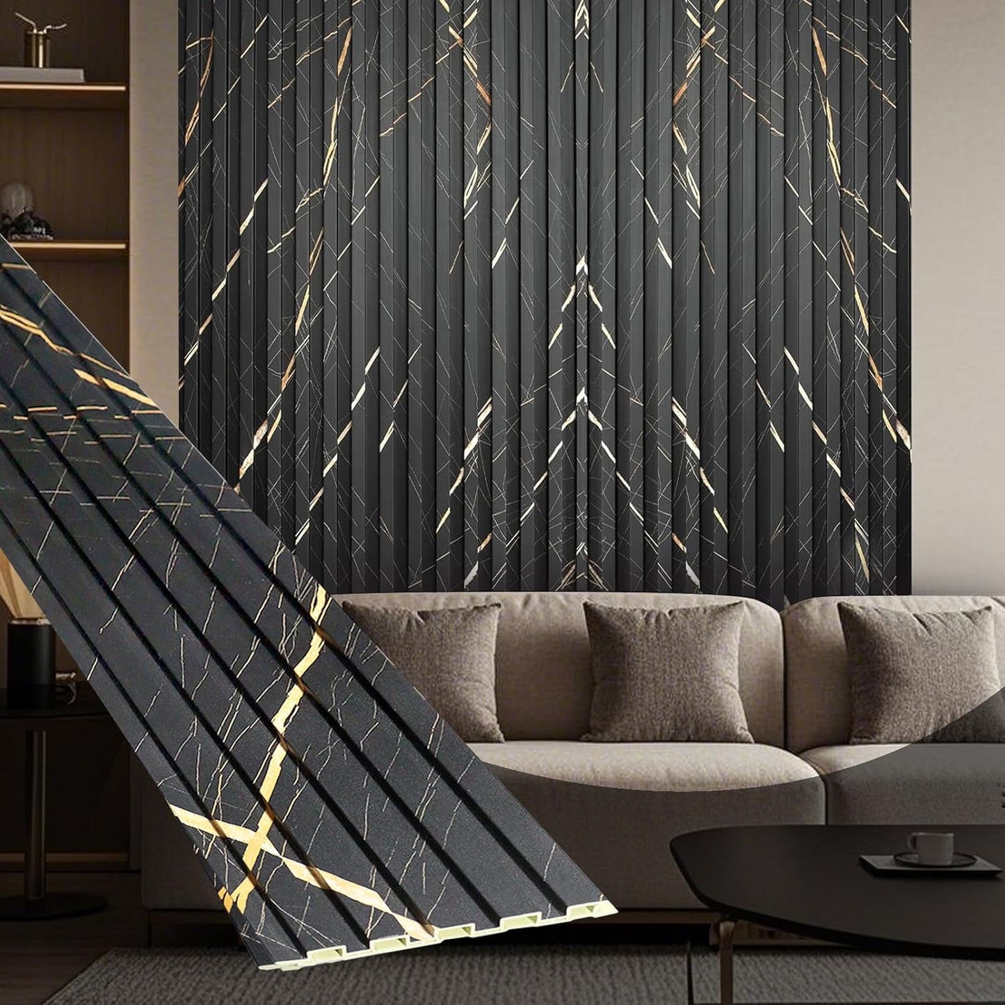 OUZUGIE WPC Acoustic Slat Wall Paneling, 8-Pack 96 x 6 Inches 3D Wall Panels for Interior Wall Decor,Living Room,TV Background,Study Room,Office Spaces,Bedroom,Low Grille (Black Marble)