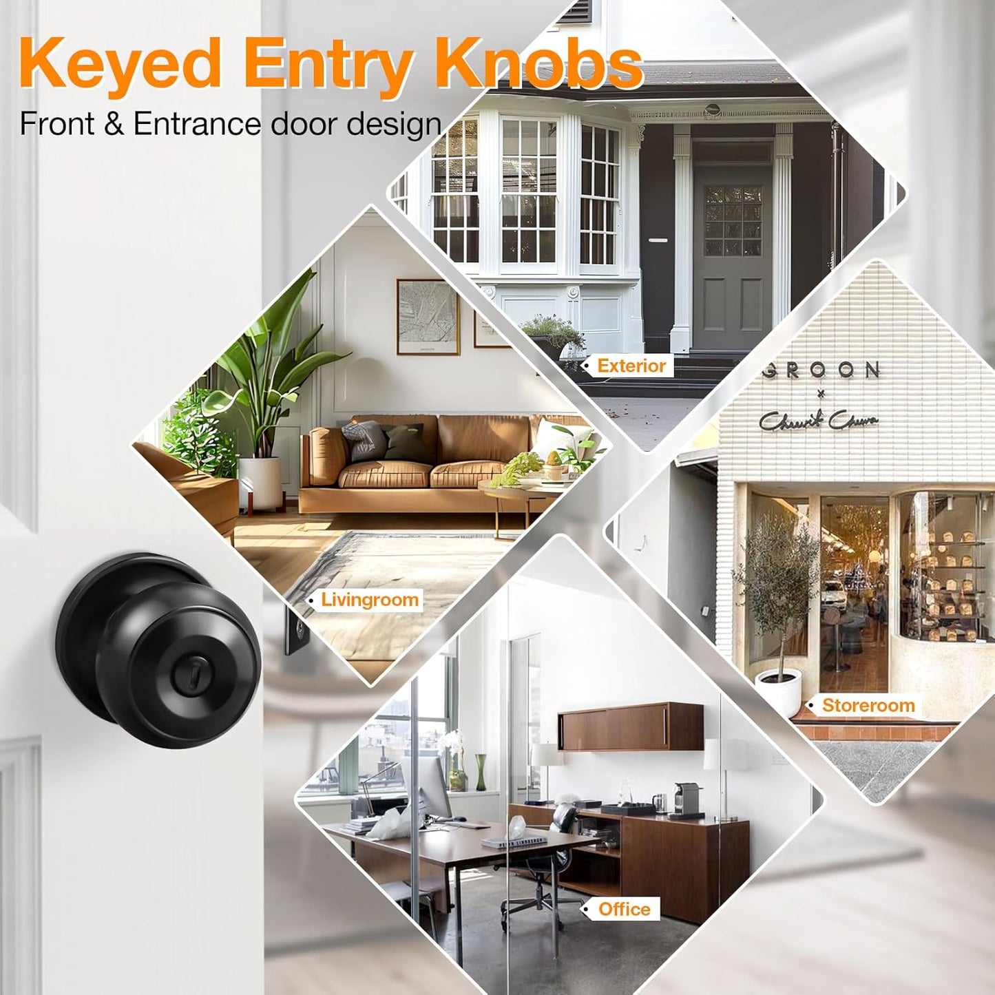 Gobrico Flat Ball Entry Door Locks Keyed-Alike Door Locksets with Same Keys in Black-Pack of 6