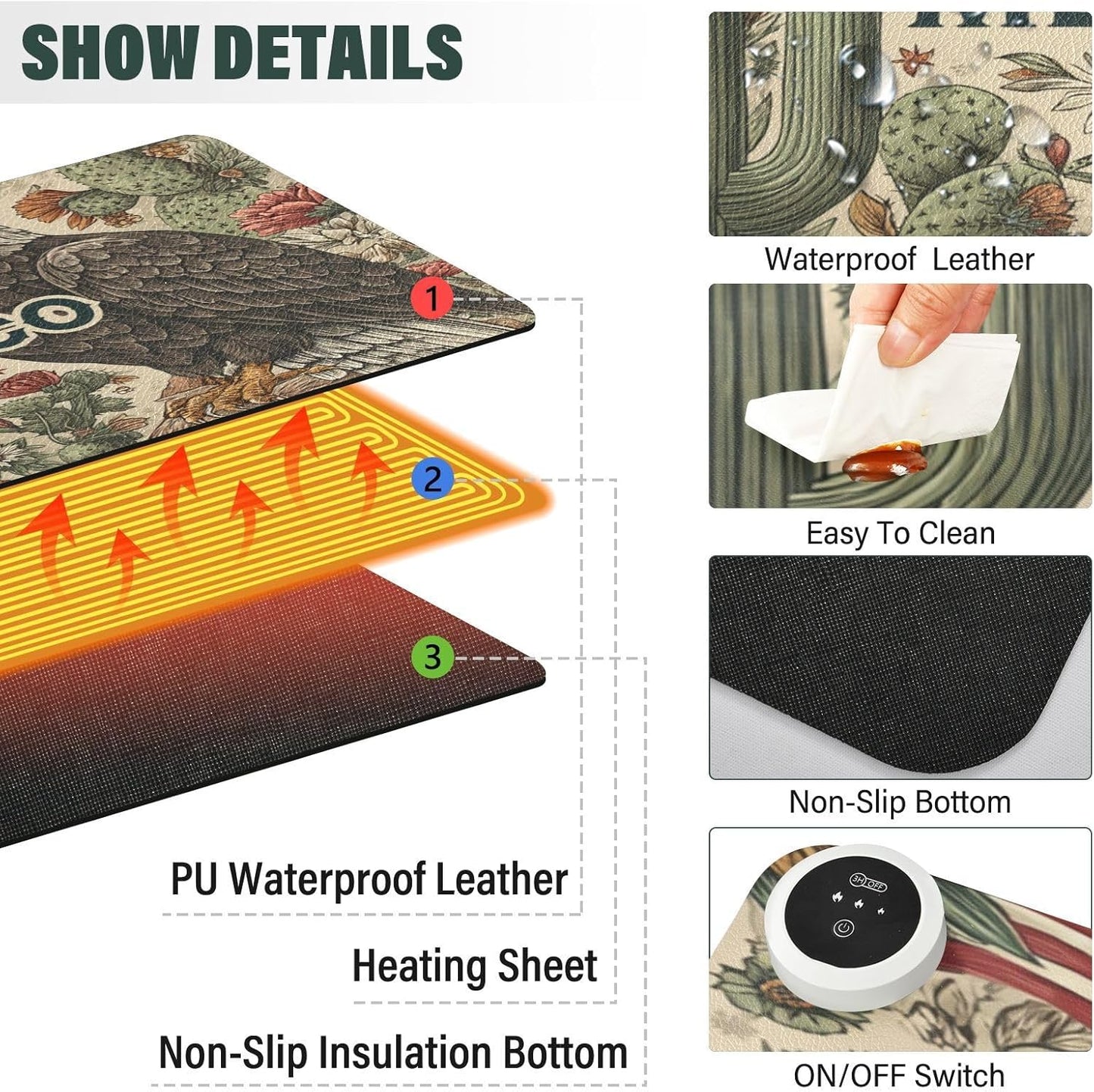 Heated Desk Pad Mouse Pad 31.5x13 Inch PU Leather Desk Mat with 3 Heat Levels Large Mouse Gaming Computer Laptop Mat Retro Mexico American Eagle Cactus Beige