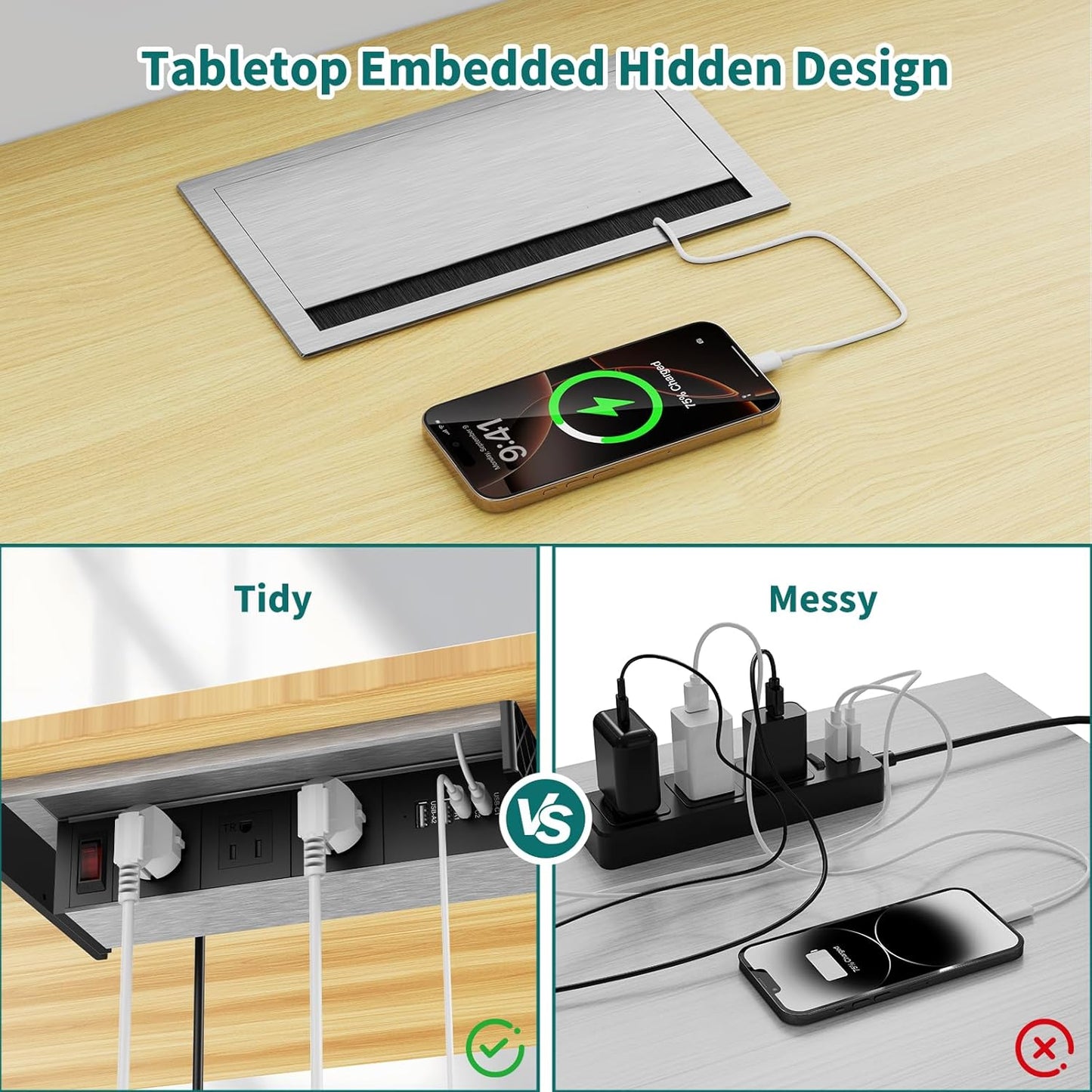 QBA Tabletop Brush Connectivity Box Outlet, Recessed Power Strip with USB-C 30W, 3 TR Outlets, 4 USB Ports, for Home Office, Silver