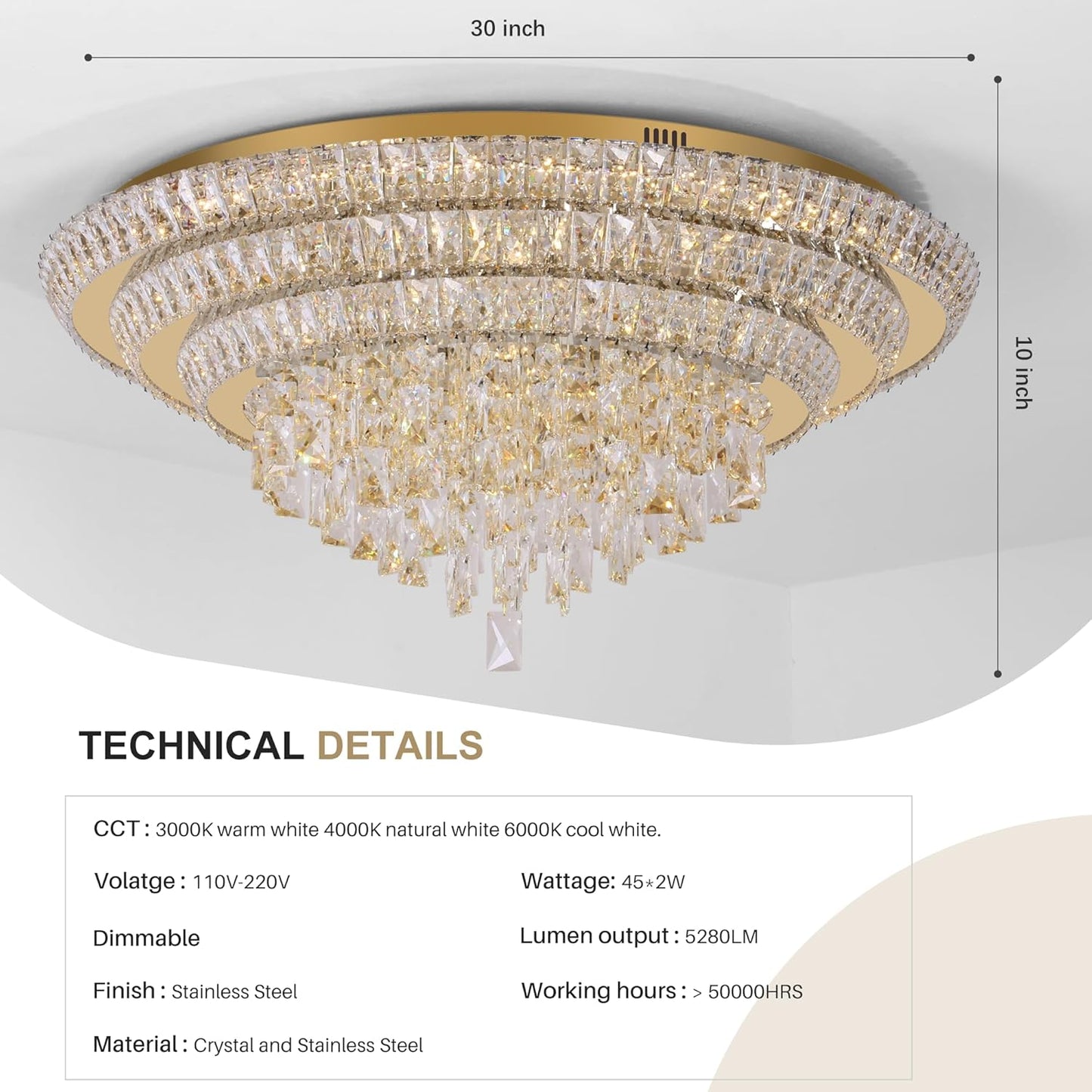 30 inch Flush Mount Crystal Chandeliers with Remote and APP Gold, Modern Elegant LED Crystal Raindrop Ceiling Light Fixture, 3CCT Dimmable, for Living Room Kitchen Island Bedroom Entryway Foyer
