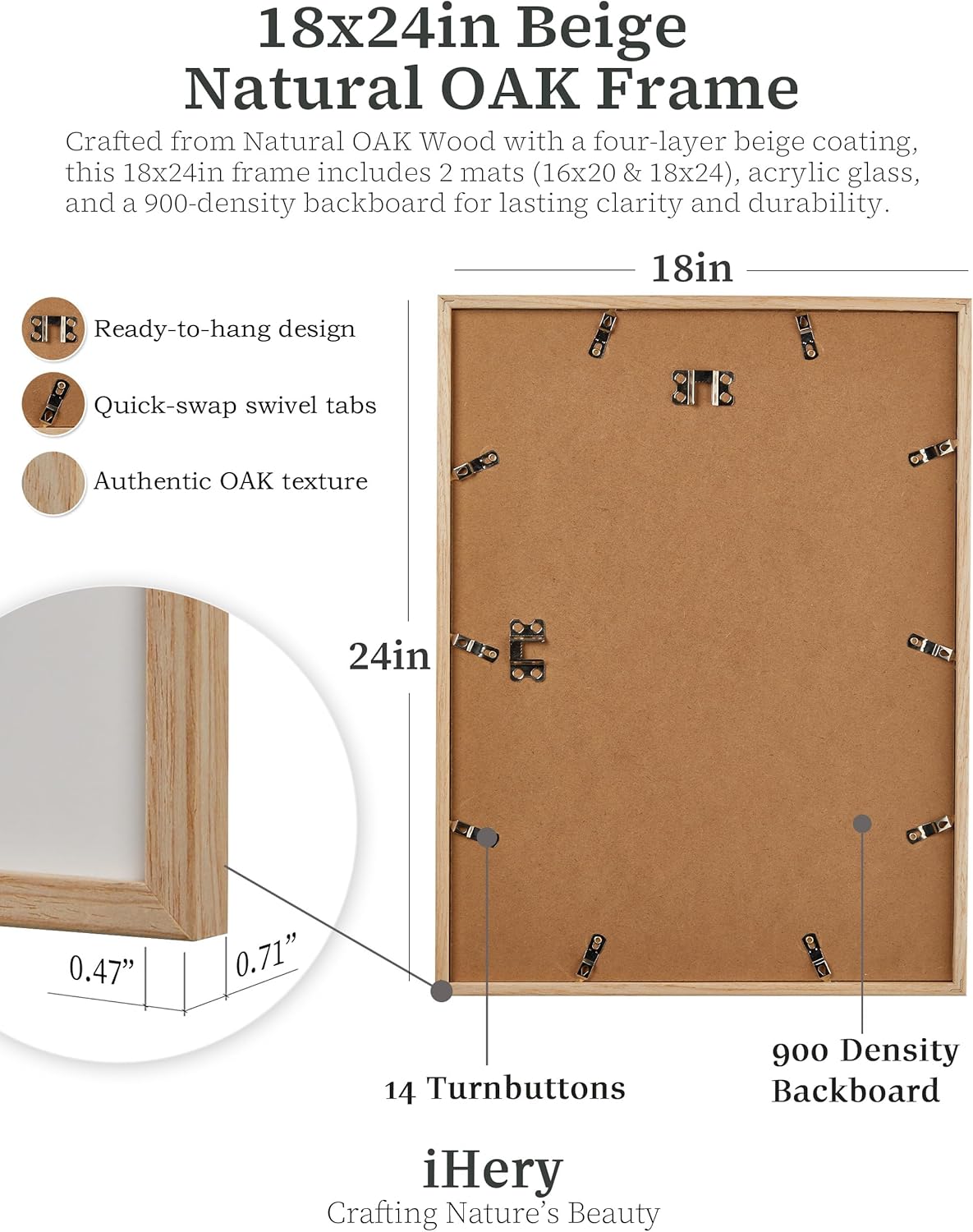 iHery Standard 18x24in Premium Truly Natural OAK Wood Beige Color Picture Frame with 2 Mats (16x20,18x24), Acrylic Glass Thickened Backboard, Minimalist Photo Frames Narrow Border Set of 1