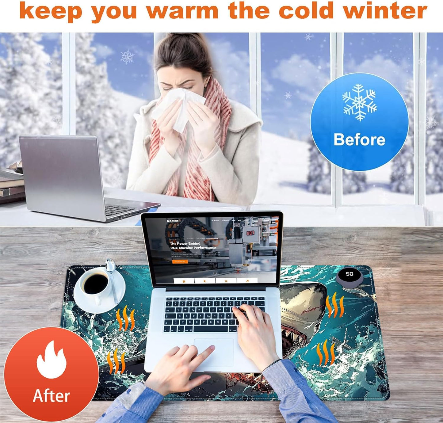 Heated Mouse Pad for Desk 31.5" x 13" – PU Leather Warm Desk Pad with 3 Heat Levels (104°F/113°F/122°F), Plug-in Electric Heating Mat with Auto Shut-Off, Waterproof & Rollable, Angry Shark