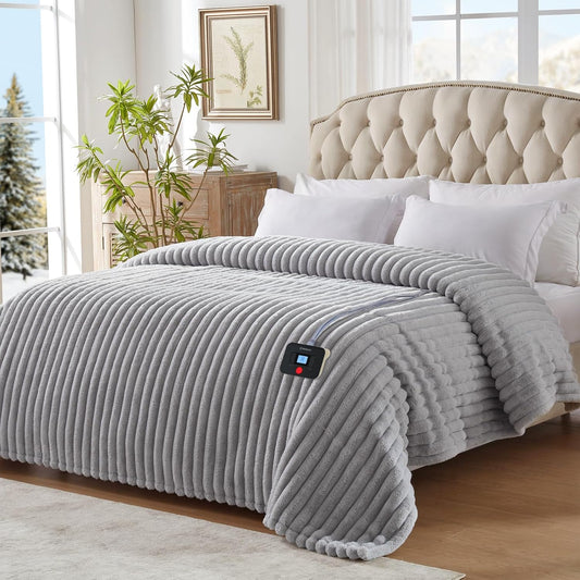 Westinghouse Electric Blanket Full Size, Super Cozy Luxury Faux Fur & Sherpa Heated Blanket with 10 Heating Levels & 1-12 Hours Auto Off, Fast Heating Blanket, Machine Washable, 80x 84 Inch Light Grey
