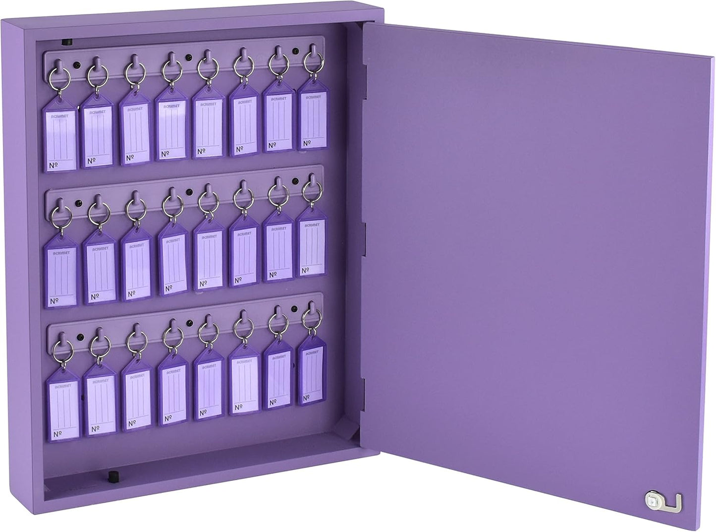 Acrimet 24-Key Cabinet with Lock, Wall Mount Wooden Key Organizer, Security Key Storage Box (24 Positions) with Numbered Hooks & Clear Purple Key Tags – Commercial & Home Use (Purple)