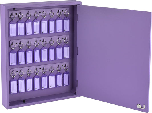 Acrimet 24-Key Cabinet with Lock, Wall Mount Wooden Key Organizer, Security Key Storage Box (24 Positions) with Numbered Hooks & Clear Purple Key Tags – Commercial & Home Use (Purple)