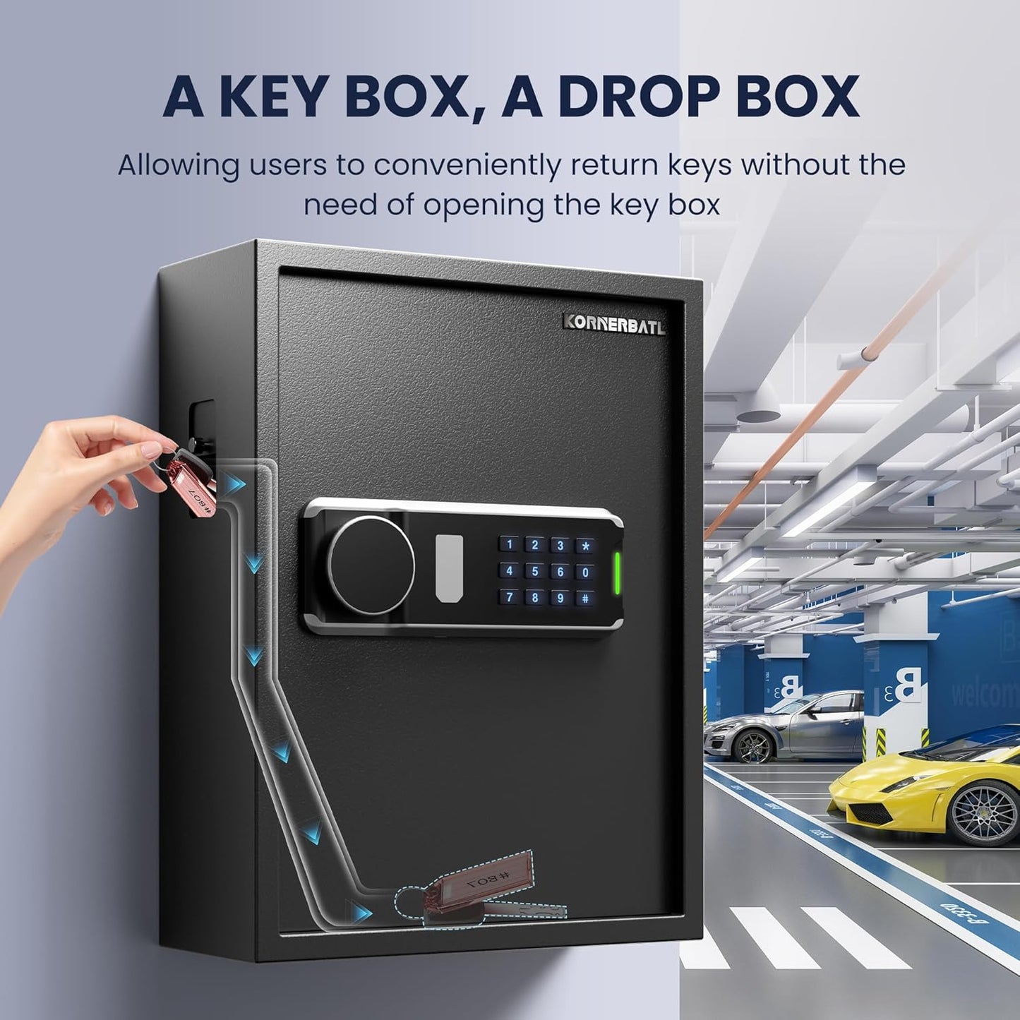 Heavy Duty 103 Keys Electronic Key Lock Box with Anti-Theft Deposit Key Slot & Key Out Tags, Key Cabinet Wall Mount with Code for Home Office