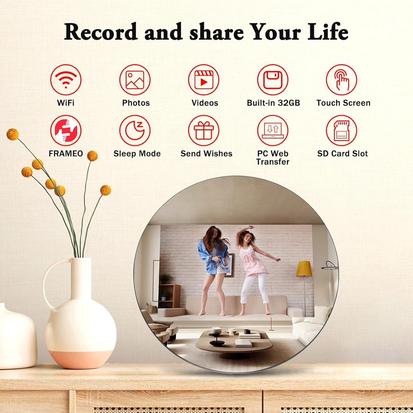 Frameo Digital Picture Frame – 10.1" Smart Mirror Touchscreen Display Anti-Fog, WiFi Digital Mirror Share Photos & Videos via App, Wall/Tabletop Mount 32GB Frame for Home Decor & Gifts