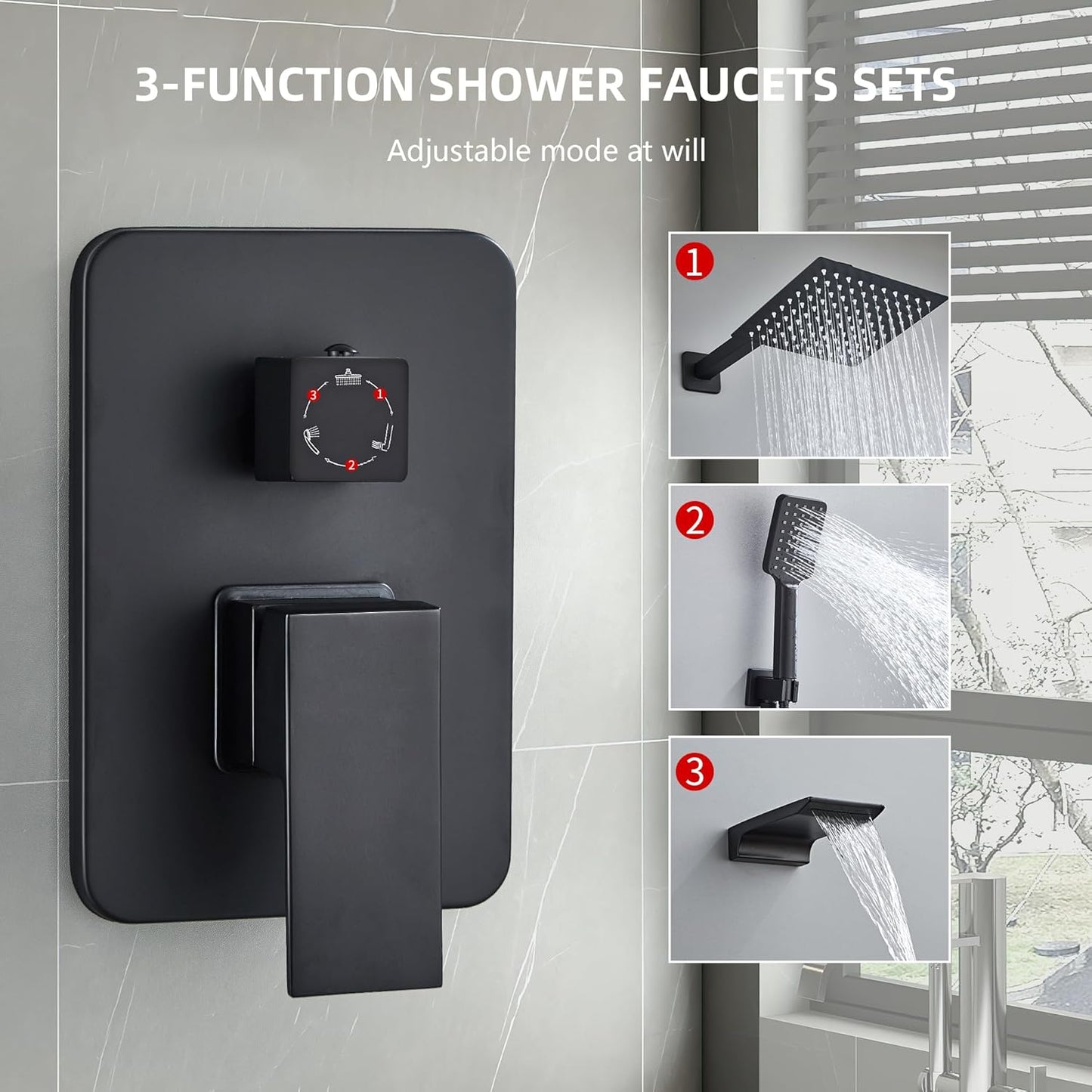 Shower Faucet Set Complete Matte Black Shower System with 12 inch Square Rainfall Shower Head 3-Function Handheld Shower Waterfall Bathtub Spout Rain Shower Combo Set Bathroom Wall Mounted