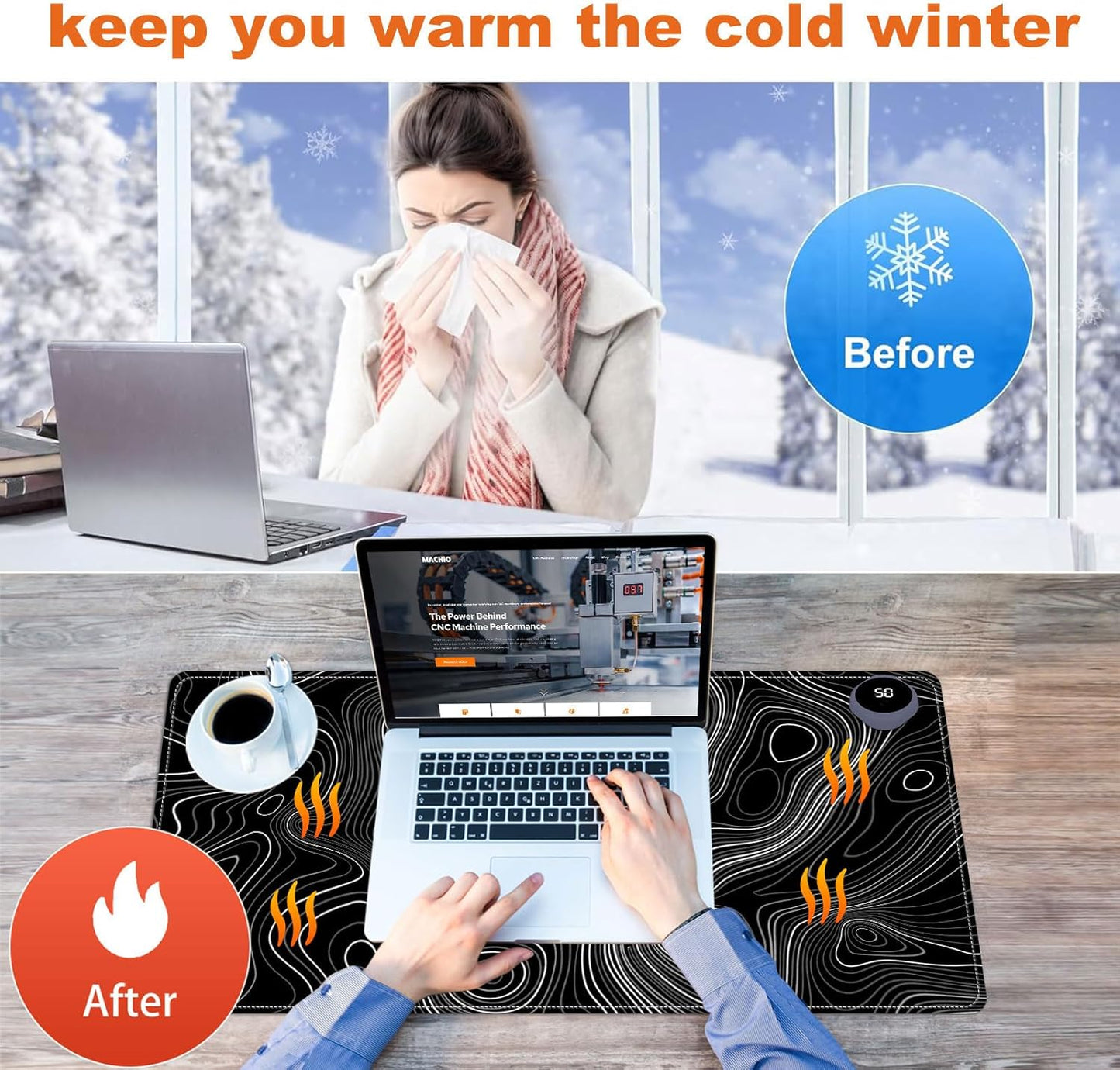 Heated Mouse Pad for Desk 31.5" x 13" – PU Leather Warm Desk Pad with 3 Heat Levels (104°F/113°F/122°F), Plug-in Electric Heating Mat with Auto Shut-Off, Waterproof & Rollable, Topographic Lines