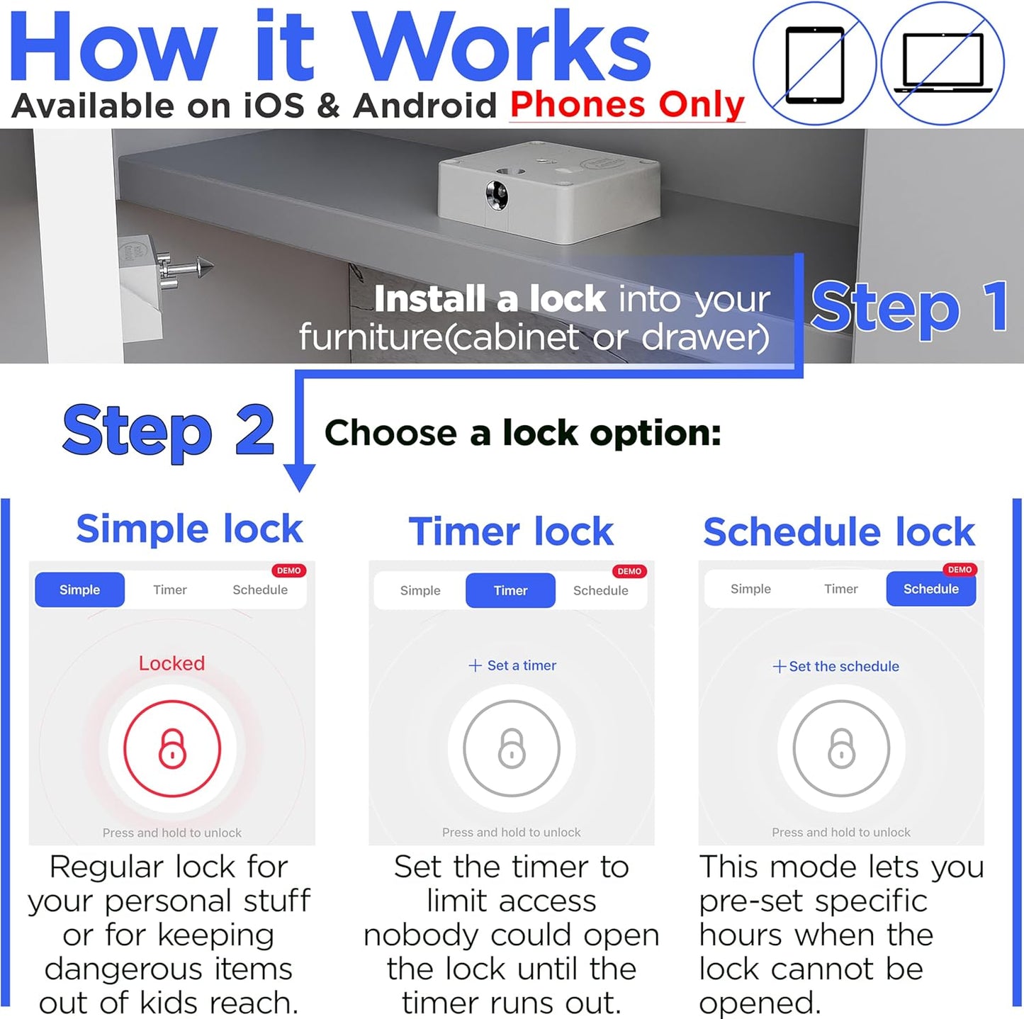 Smart Lock for Cabinets & Drawers - Bluetooth Timer Lock Box for Alcohol, Snacks, Video Games, Medication - App-Controlled Safe with Multiple Modes - Supports Focus and Healthy Routines