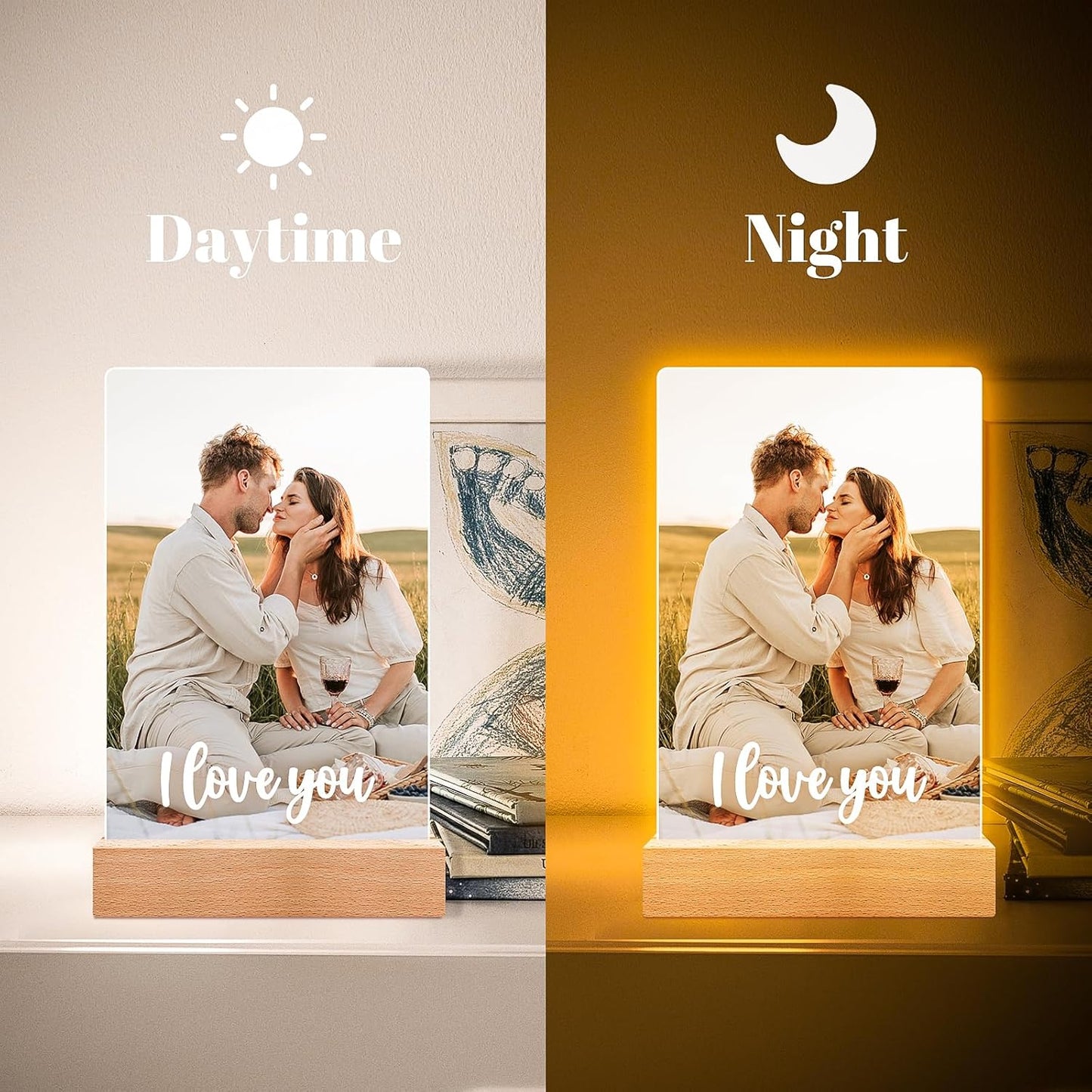 Personalized Picture Frame, Custom Photo Frame with Night Light, Custom Picture Frames, Personalized Anniversary Birthday Valentines Day Gifts for Women Men Her Him Girlfriend Boyfriend Couple