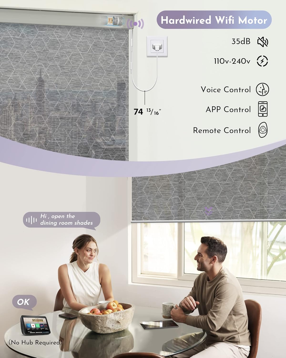 Graywind Motorized Roller Shades Compatible with Alexa Google Hardwired WiFi Smart Light Filtering Blind Remote Automated Blinds Electric Window Shade, Custom Size (1% Openness Geometry Grey)