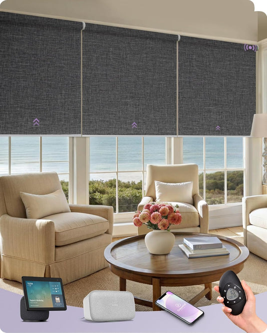 Graywind Smart Coupled Roller Shades Compatible with Alexa Google Custom Size Extra Large Motorized Blinds for Windows(Dark Grey)